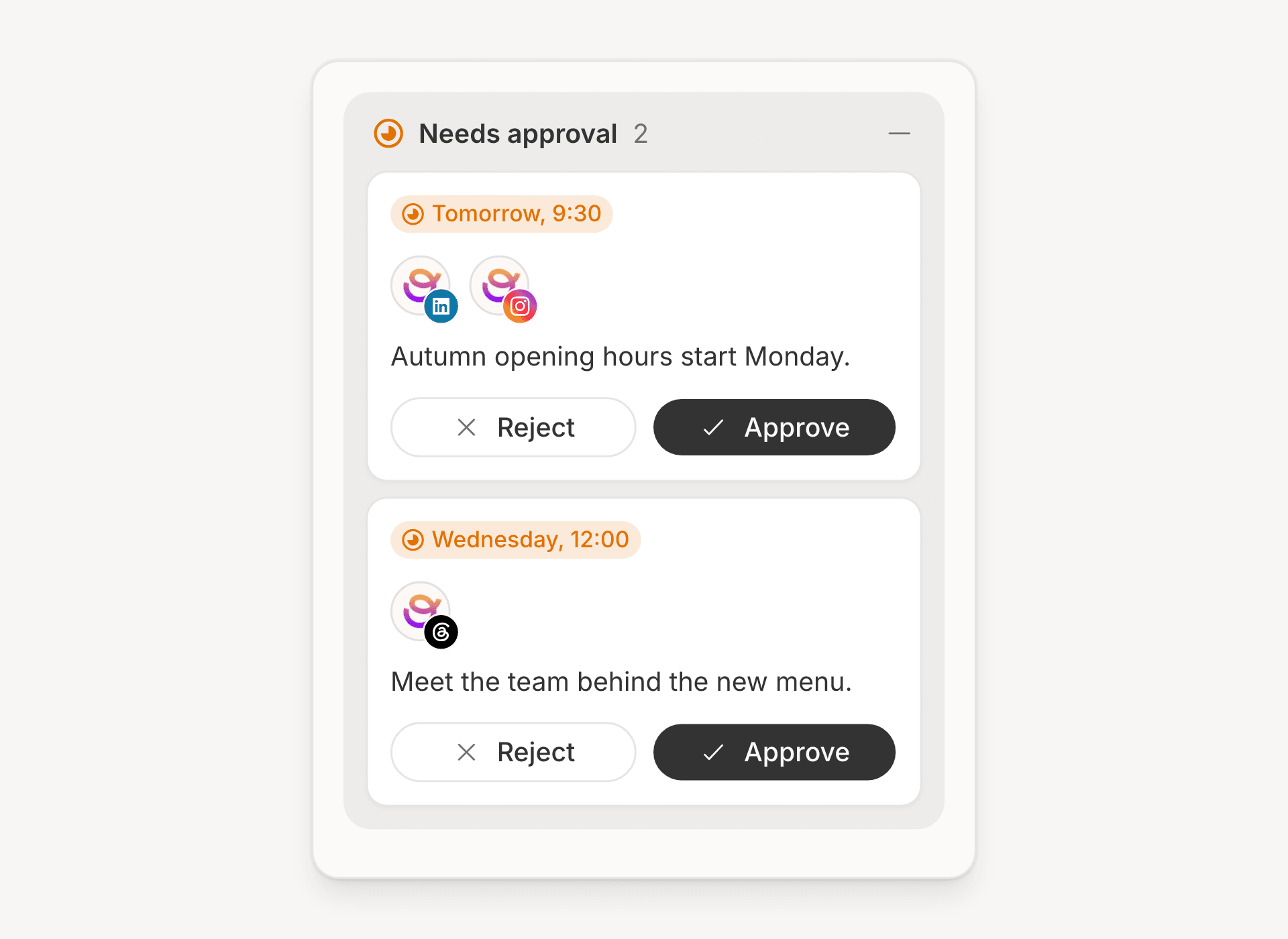 The planner's Needs approval column, with Reject and Approve on each post waiting for review