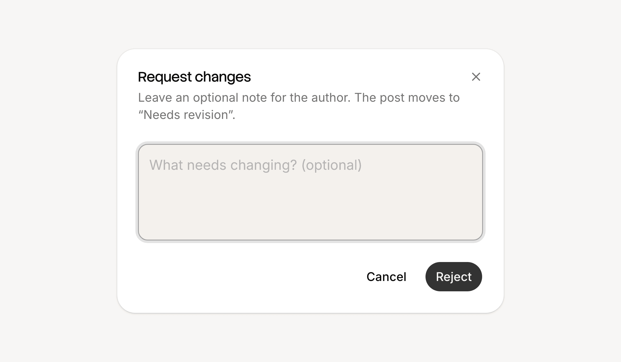 The Request changes dialog, with a field for an optional note to the author