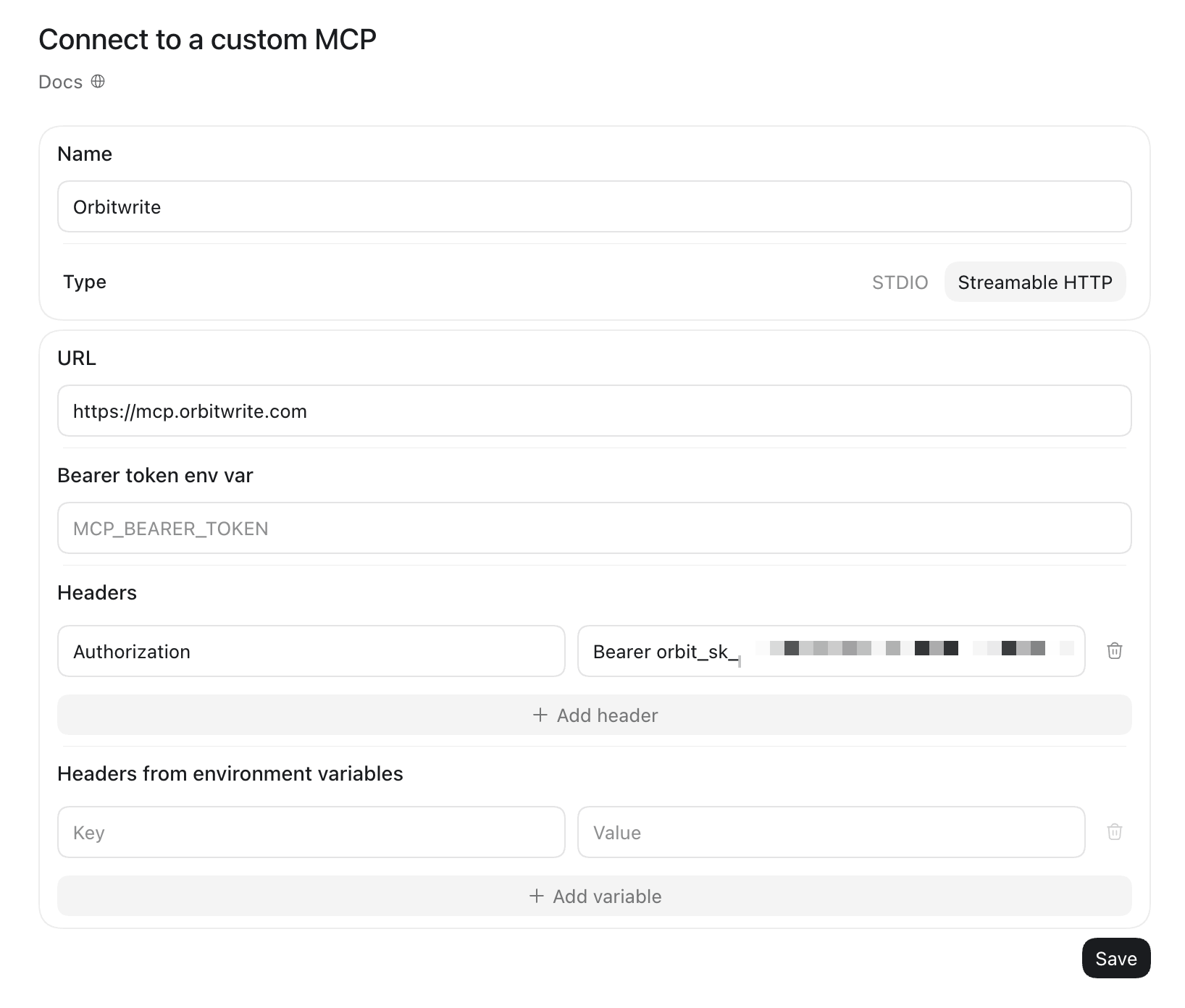 ChatGPT's Connect to a custom MCP form, filled in with the name Orbitwrite, Streamable HTTP, the URL https://mcp.orbitwrite.com and an Authorization header