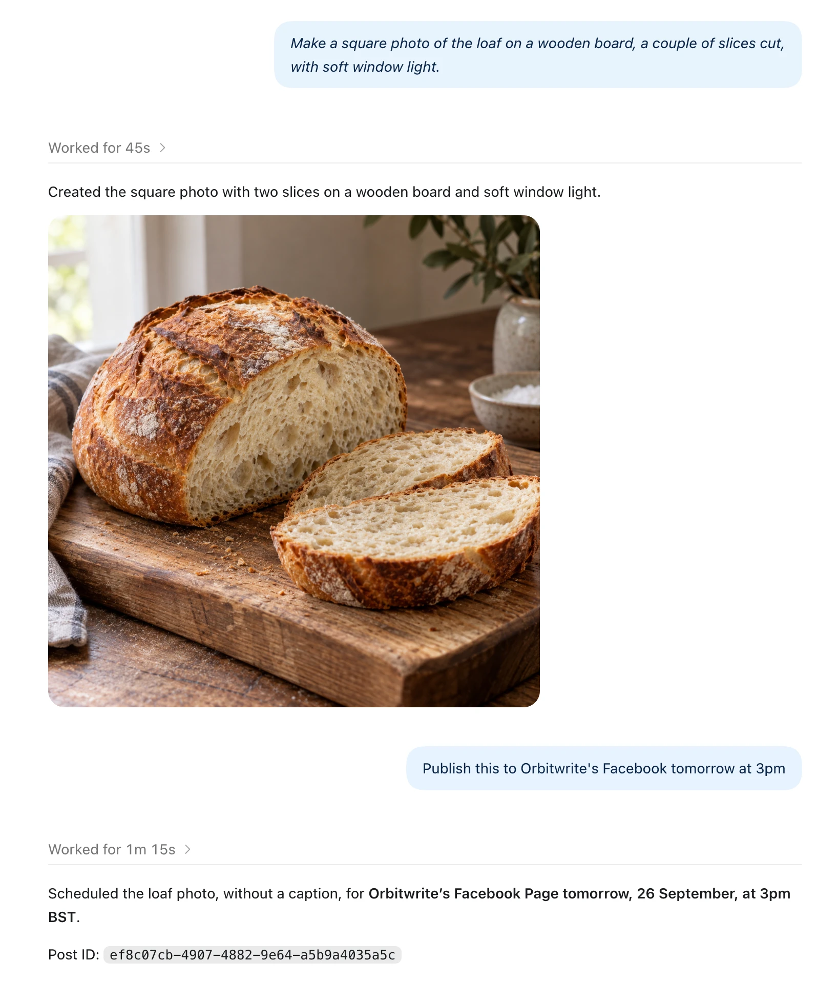 ChatGPT generating a photo of a sliced loaf on a wooden board, then scheduling it to a Facebook Page for 3pm BST the next day and replying with the post id