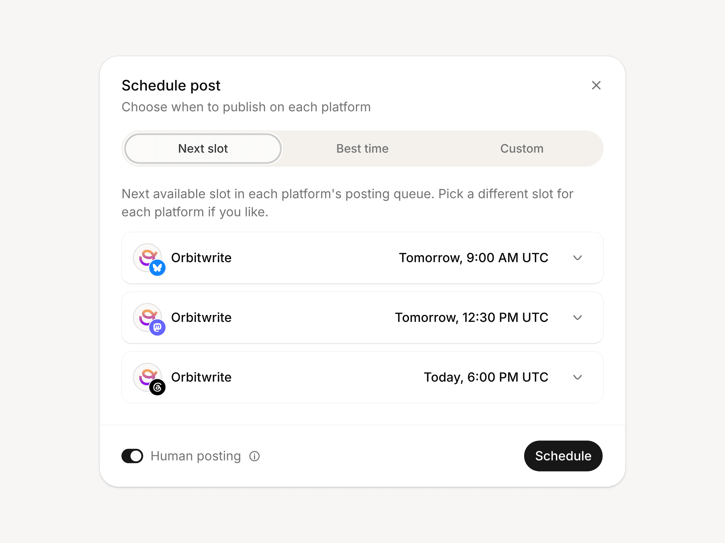 The Schedule dialog on its Next slot tab, with Bluesky, Mastodon and Threads each given a different time from its own posting schedule