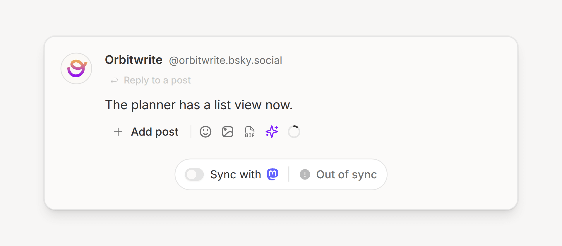 The bottom of the Bluesky draft in the composer, with the Sync with Mastodon switch turned off and Out of sync shown beside it