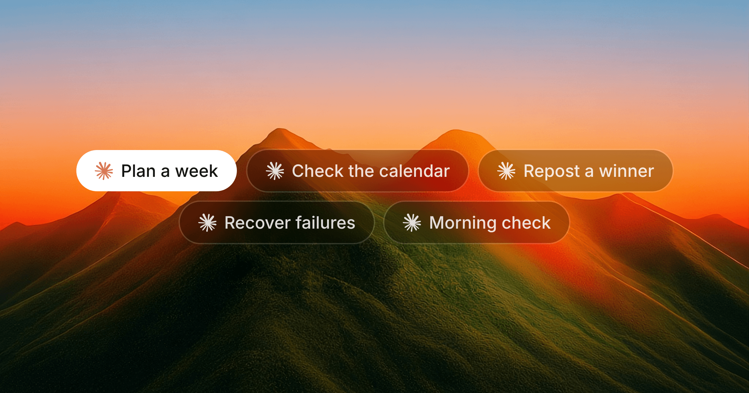 Five prompt pills with Claude's logo: Plan a week, Check the calendar, Repost a winner, Recover failures and Morning check