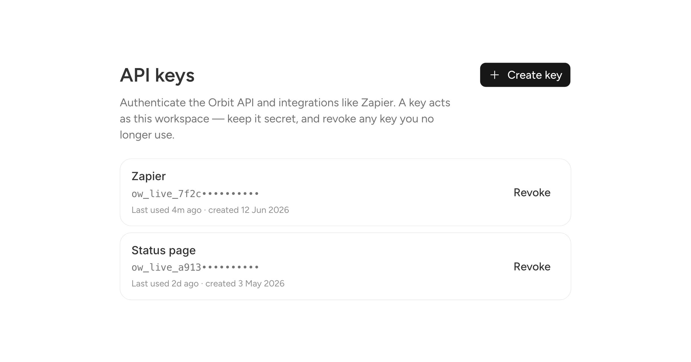 The workspace API keys settings, a key named Zapier with its prefix shown and the rest masked