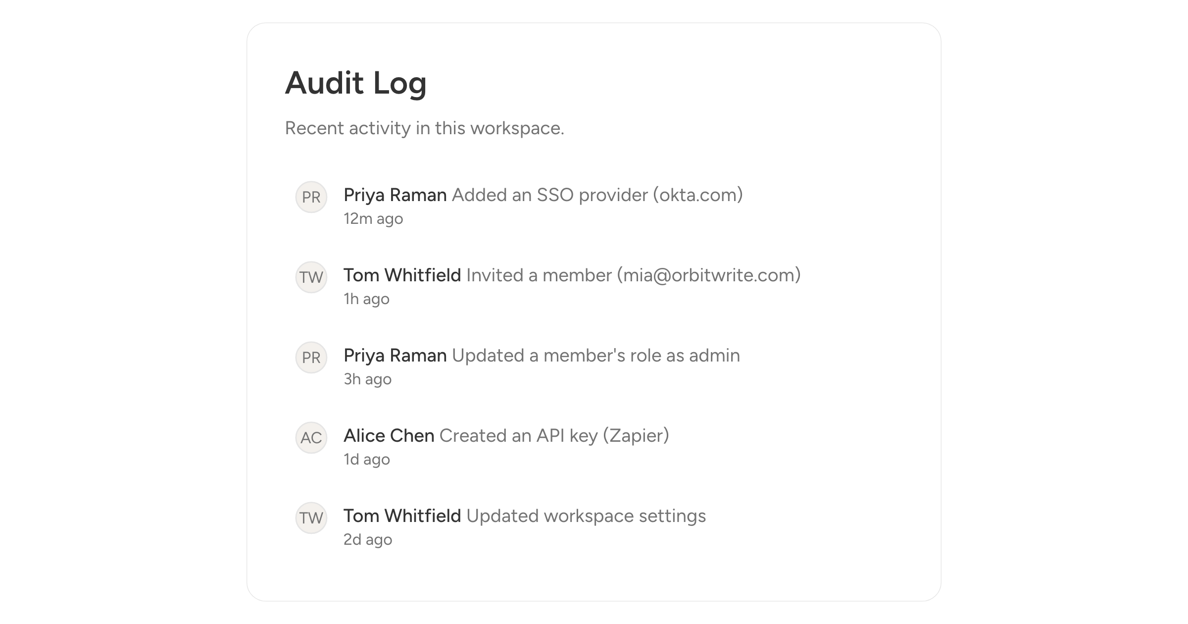 The workspace audit log: who added the SSO provider, who invited a member, who created an API key, and when