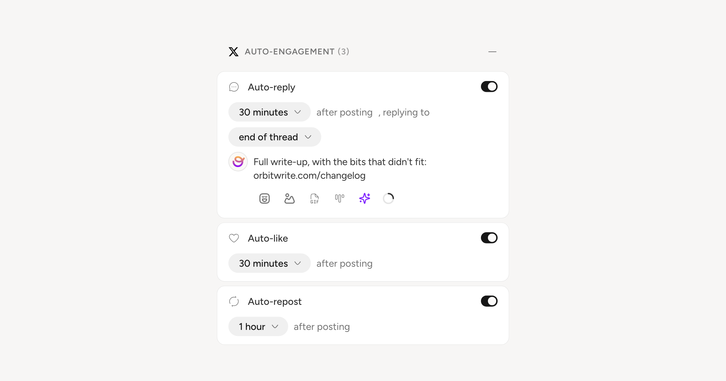 The composer's Auto-engagement section for an X account, with the auto-reply, auto-like and auto-repost all on