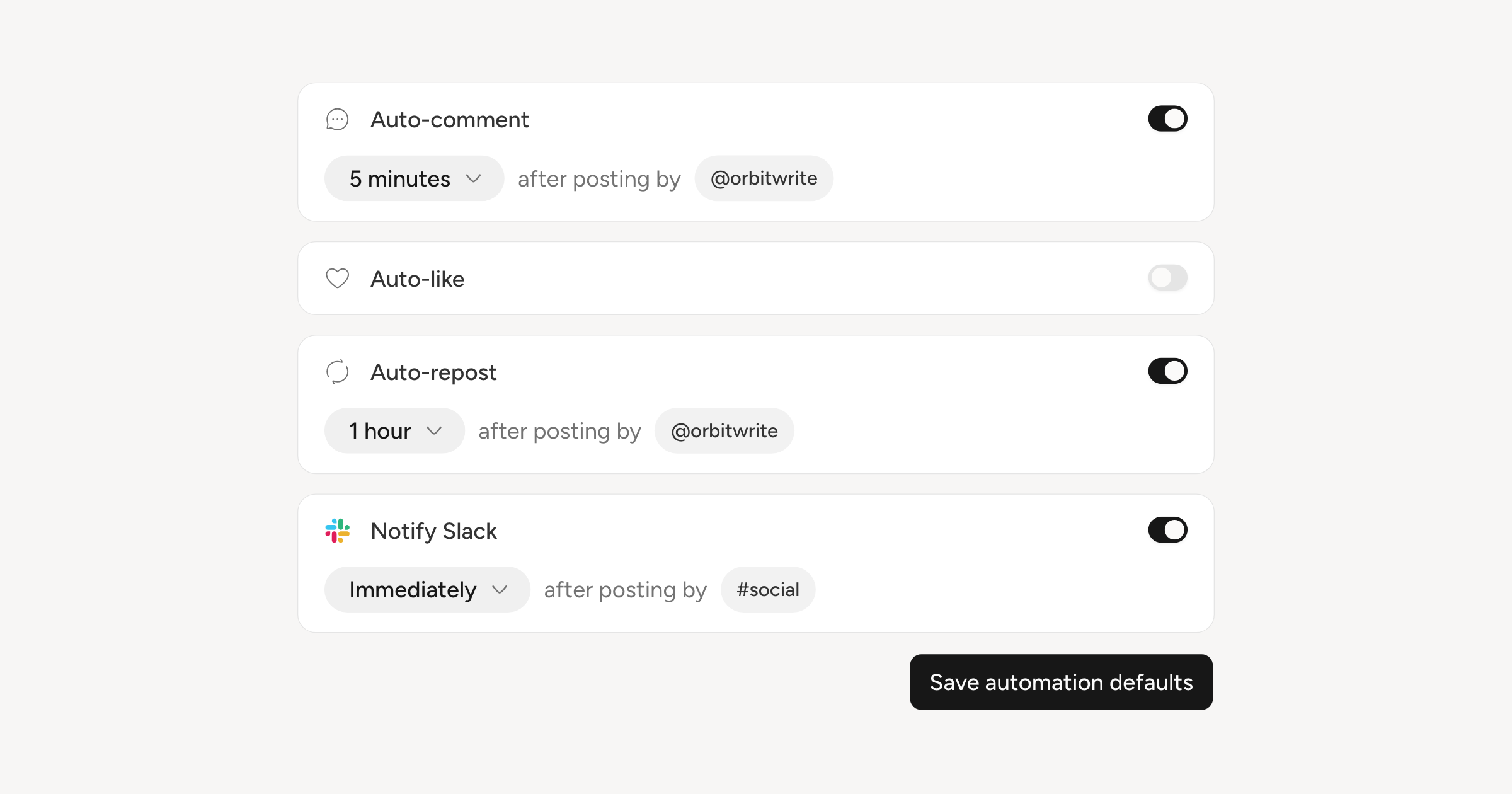 A channel's automation defaults: auto-comment, auto-like, auto-repost and notify Slack, each with its own switch and delay