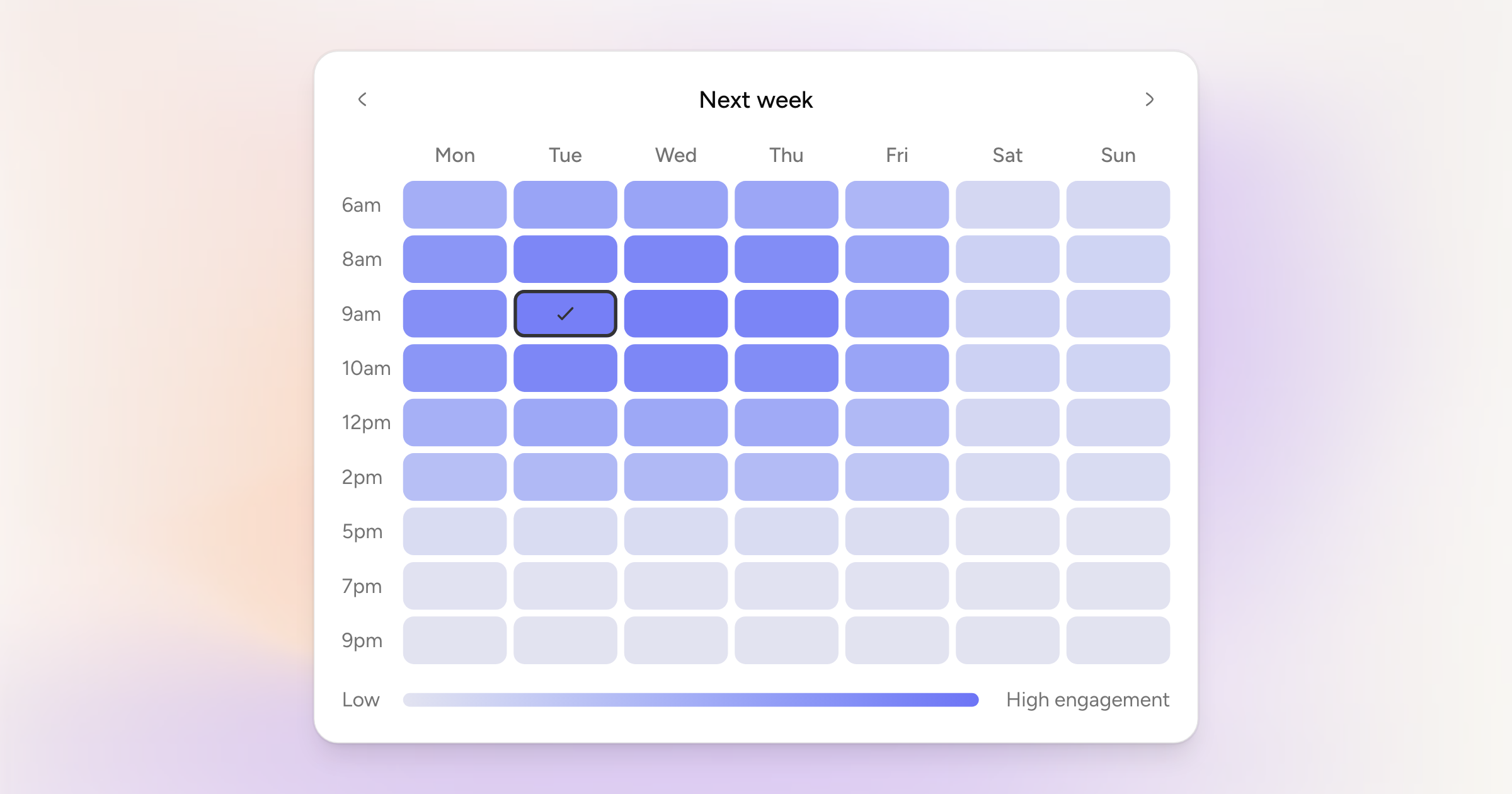 The Schedule dialog's best-time heatmap for a LinkedIn account, with the platform's peak slot picked