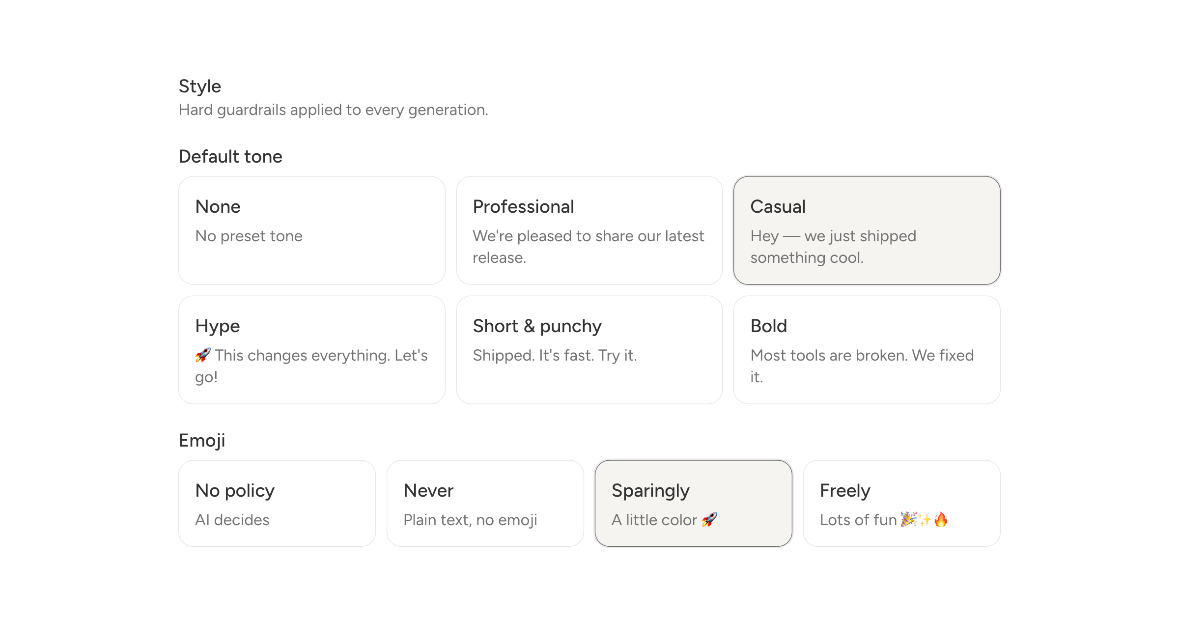 The Style section of the AI settings: tone cards each showing a line written in that tone, with Casual picked, and the emoji policy below