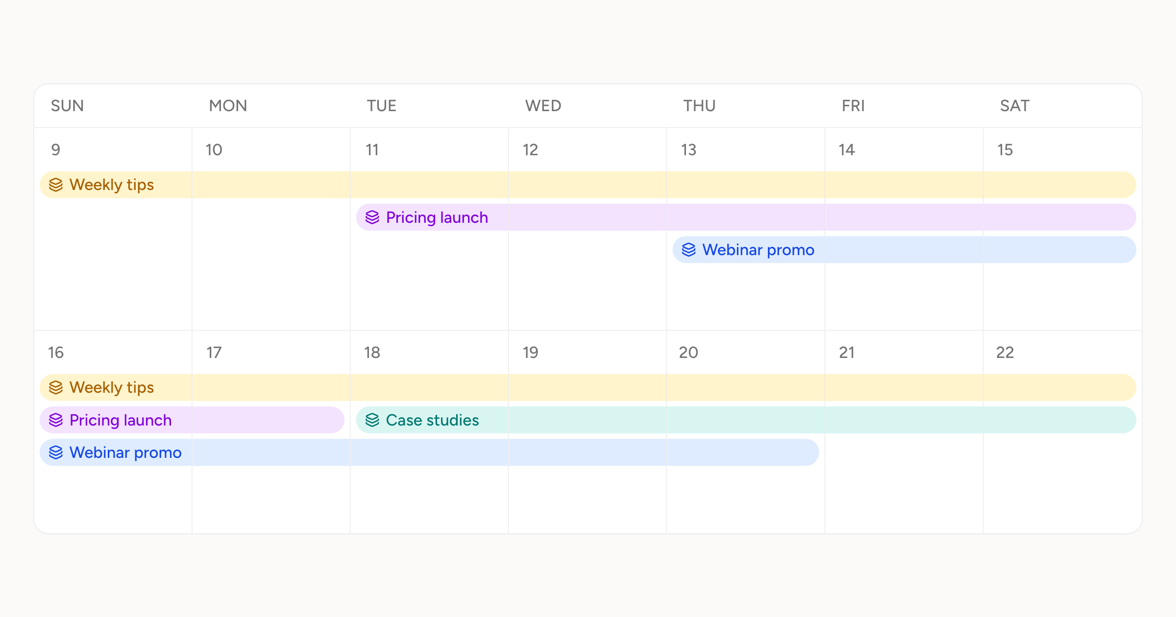 A fortnight of the schedule with four campaigns running across the day cells