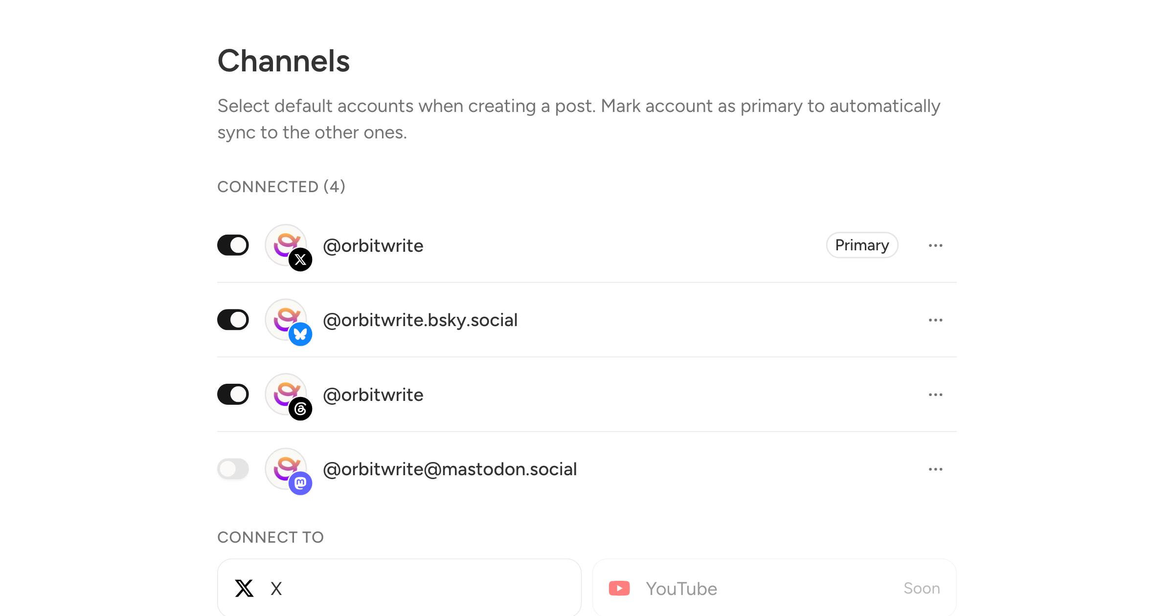 The Channels settings: four connected accounts, the primary badged at the top, each with a switch deciding whether a new post starts with it, and one switched off