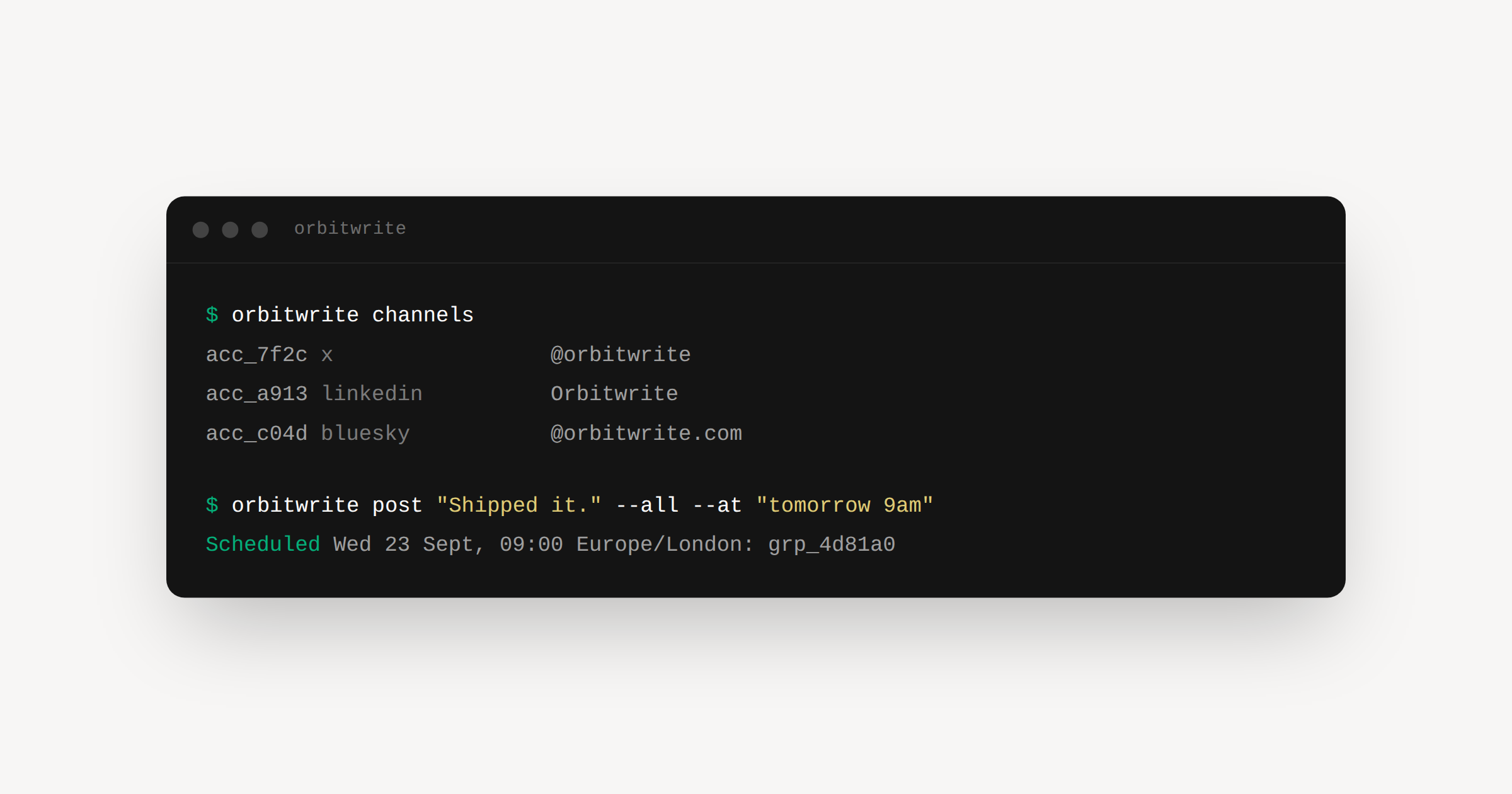 A terminal listing three connected channels, then scheduling a post to all of them for tomorrow morning