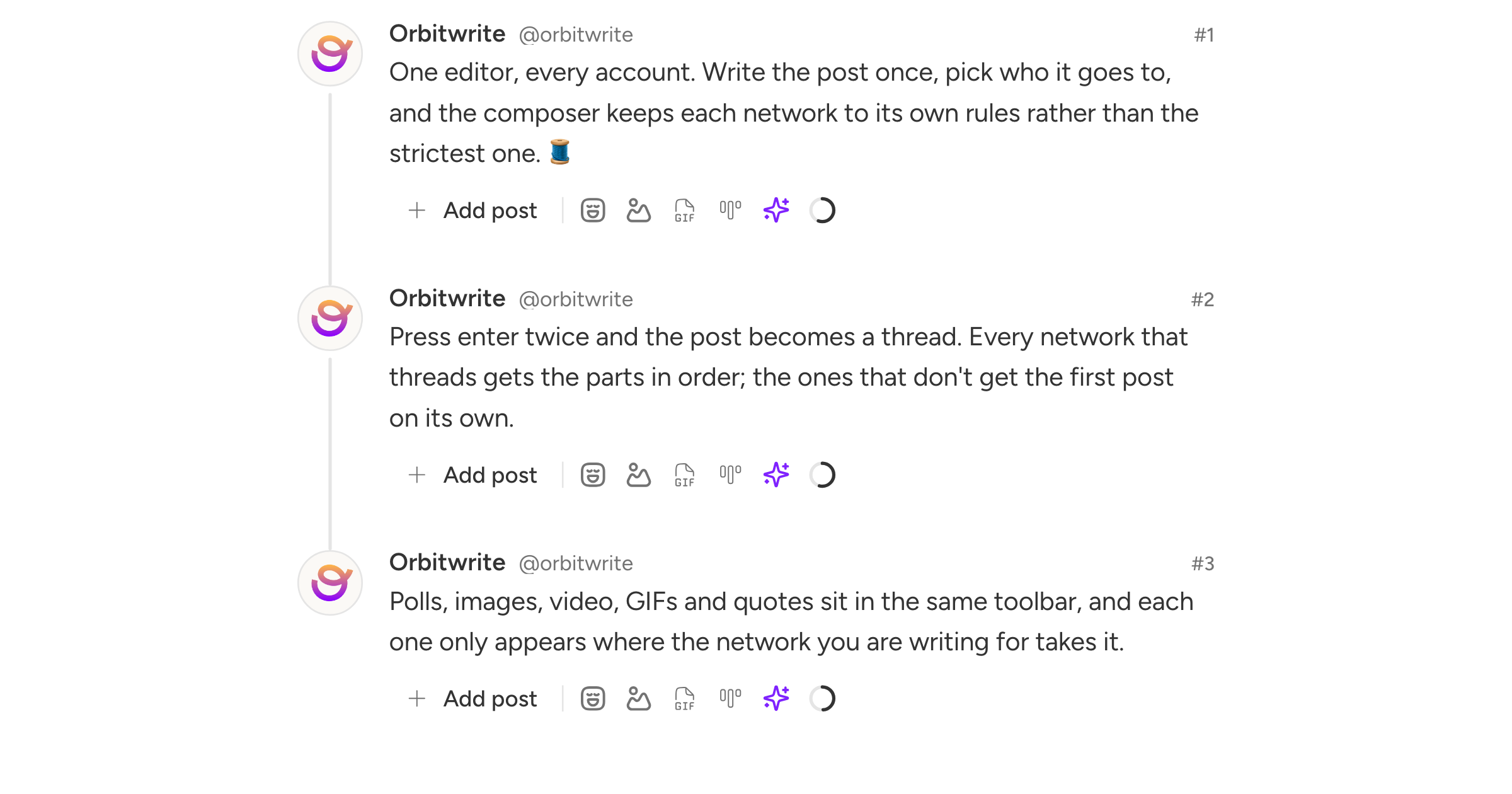 A three-post thread being written in the composer, each post with its own character count and toolbar