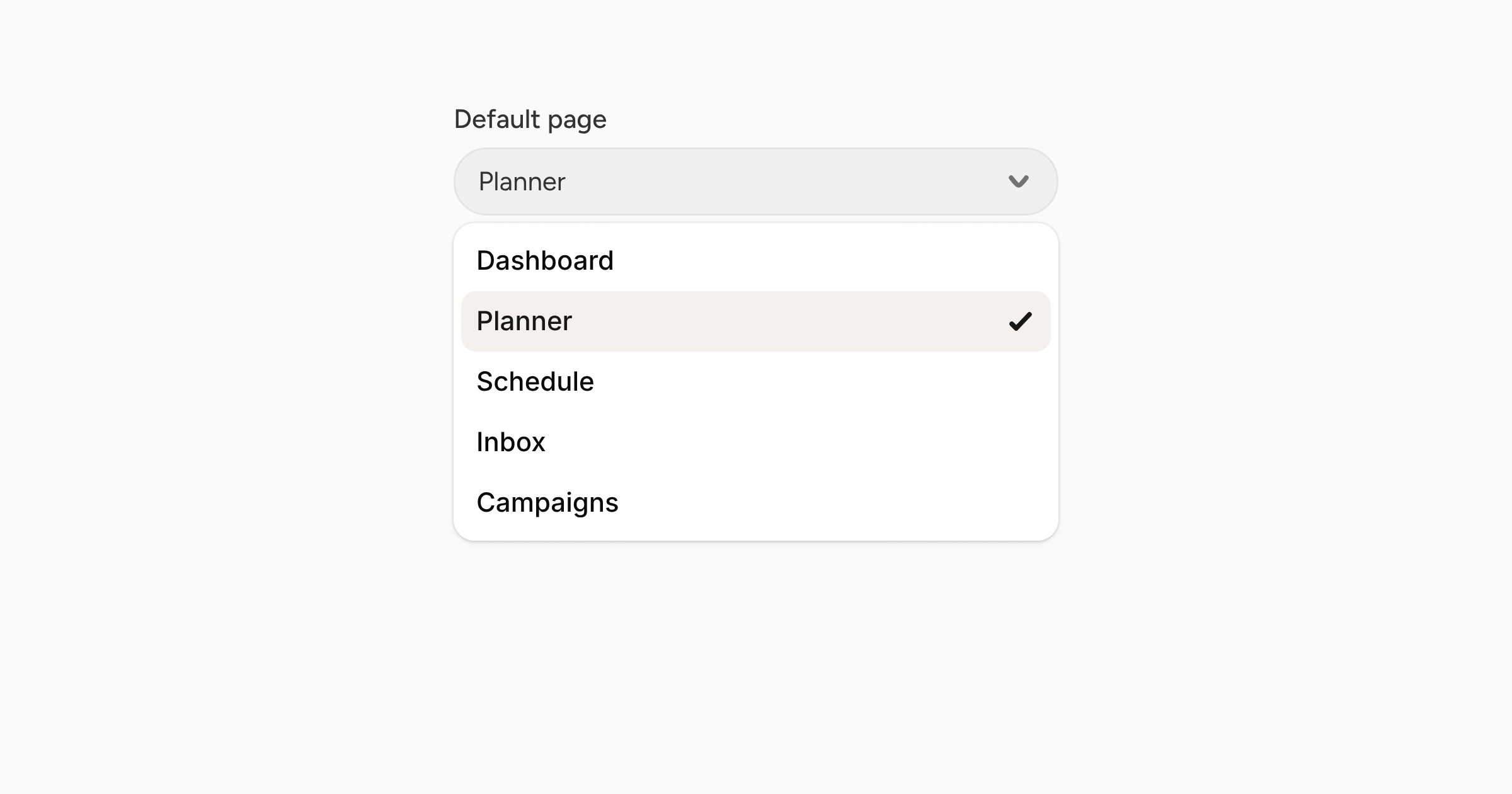 The Default page setting in account settings, open on the five pages a login can land on, with the planner picked