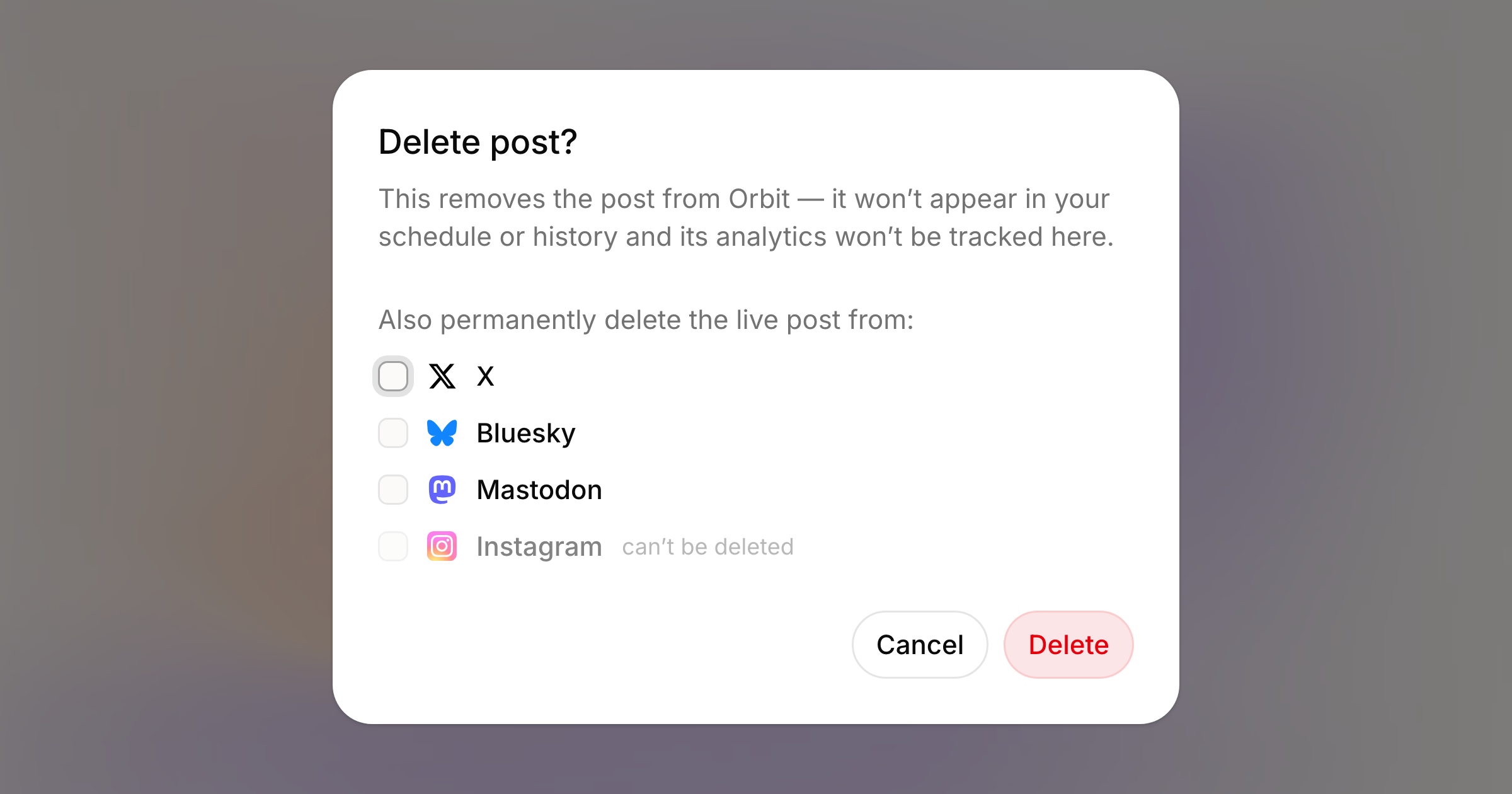 The delete confirmation on a published post, listing the networks it can be taken down from and the one that can't