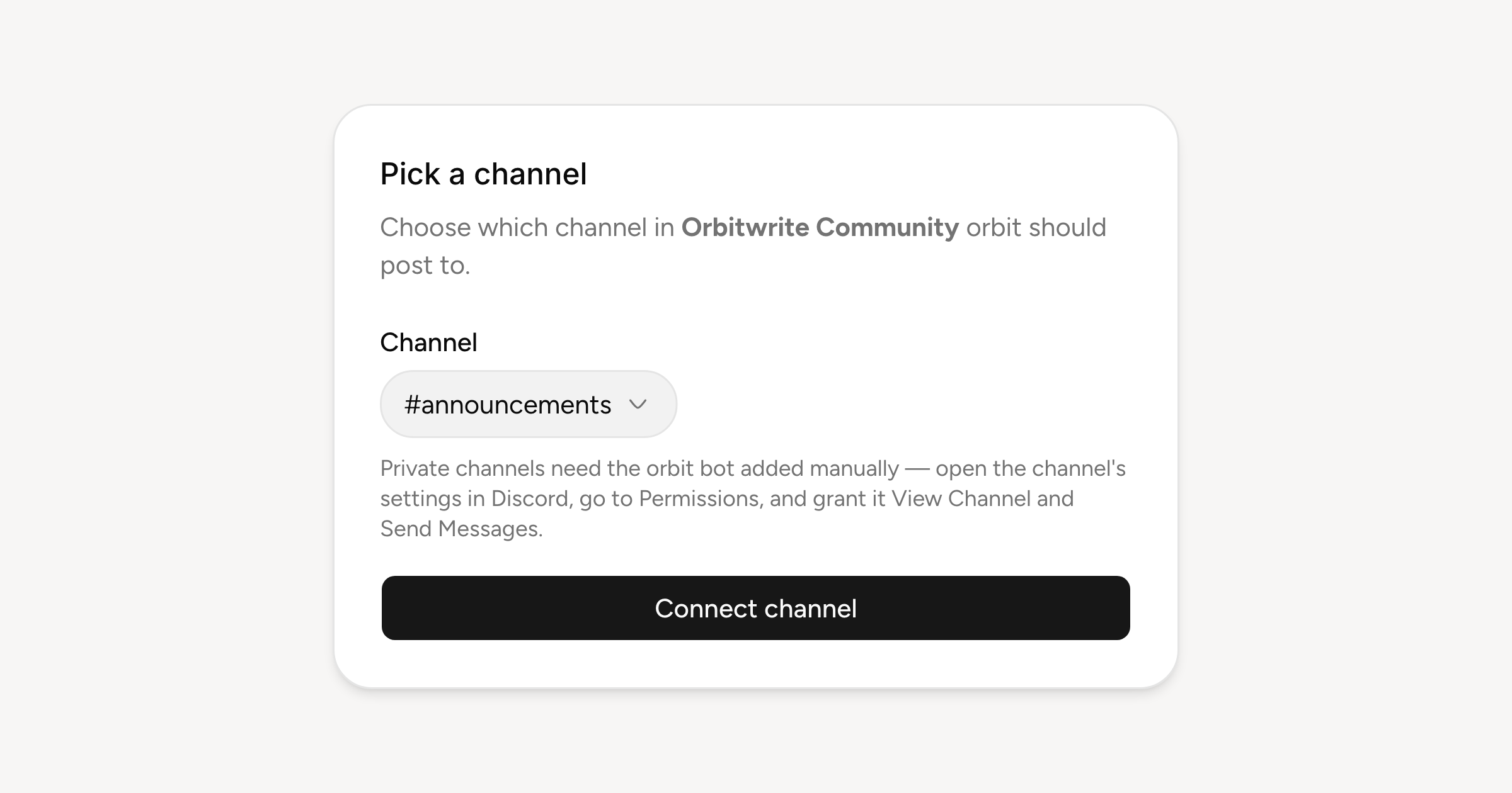 The Discord connect step: choosing which channel in the server the bot posts to