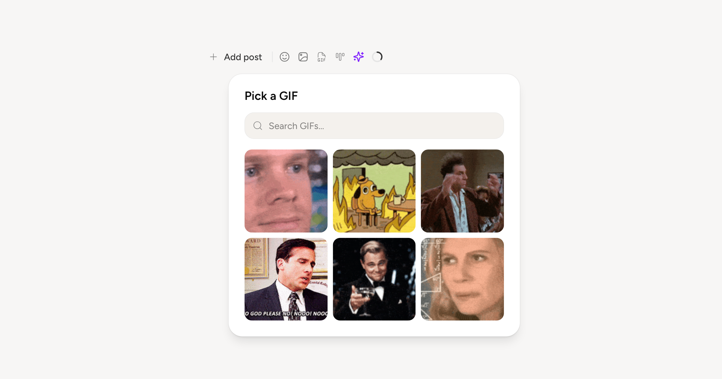 The composer toolbar's GIF button with the GIPHY picker open under it, search field ready and a grid of GIF results