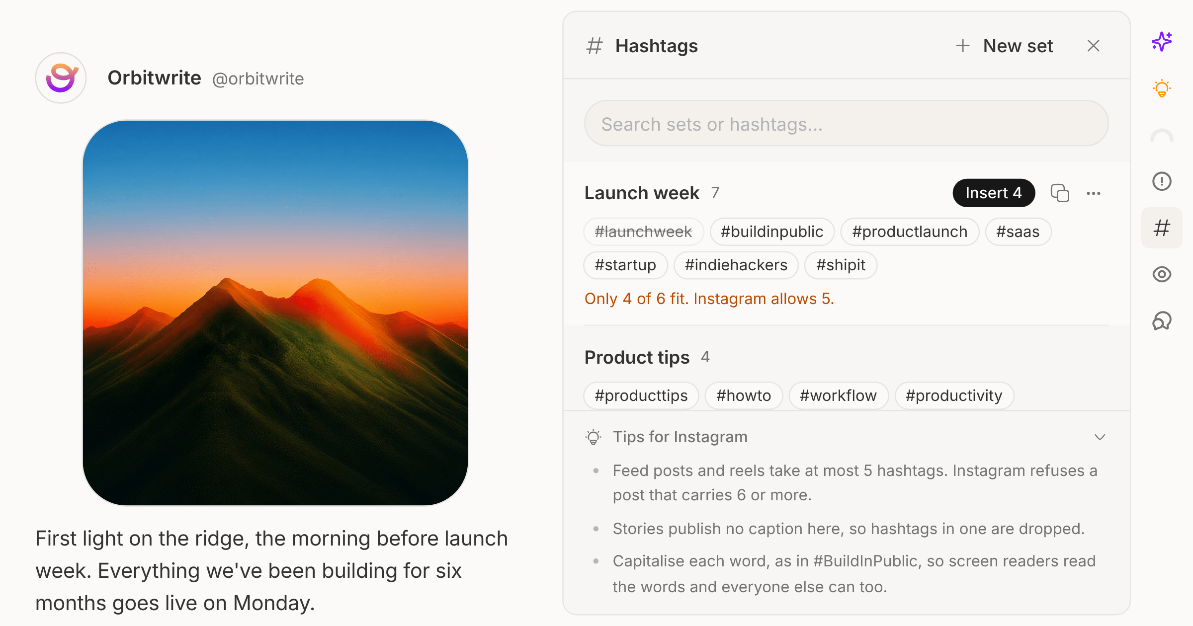 The composer's Hashtags panel open on an Instagram post, with three saved sets, Insert and Copy on the first, and Instagram's hashtag tips underneath