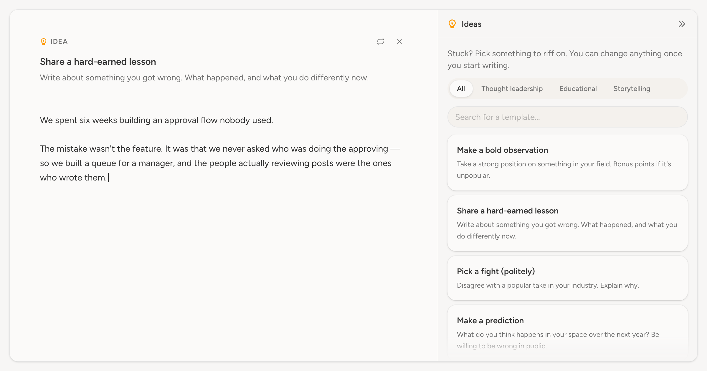 The composer with the Ideas panel open on its library of prompts, and the picked idea pinned above the draft it started