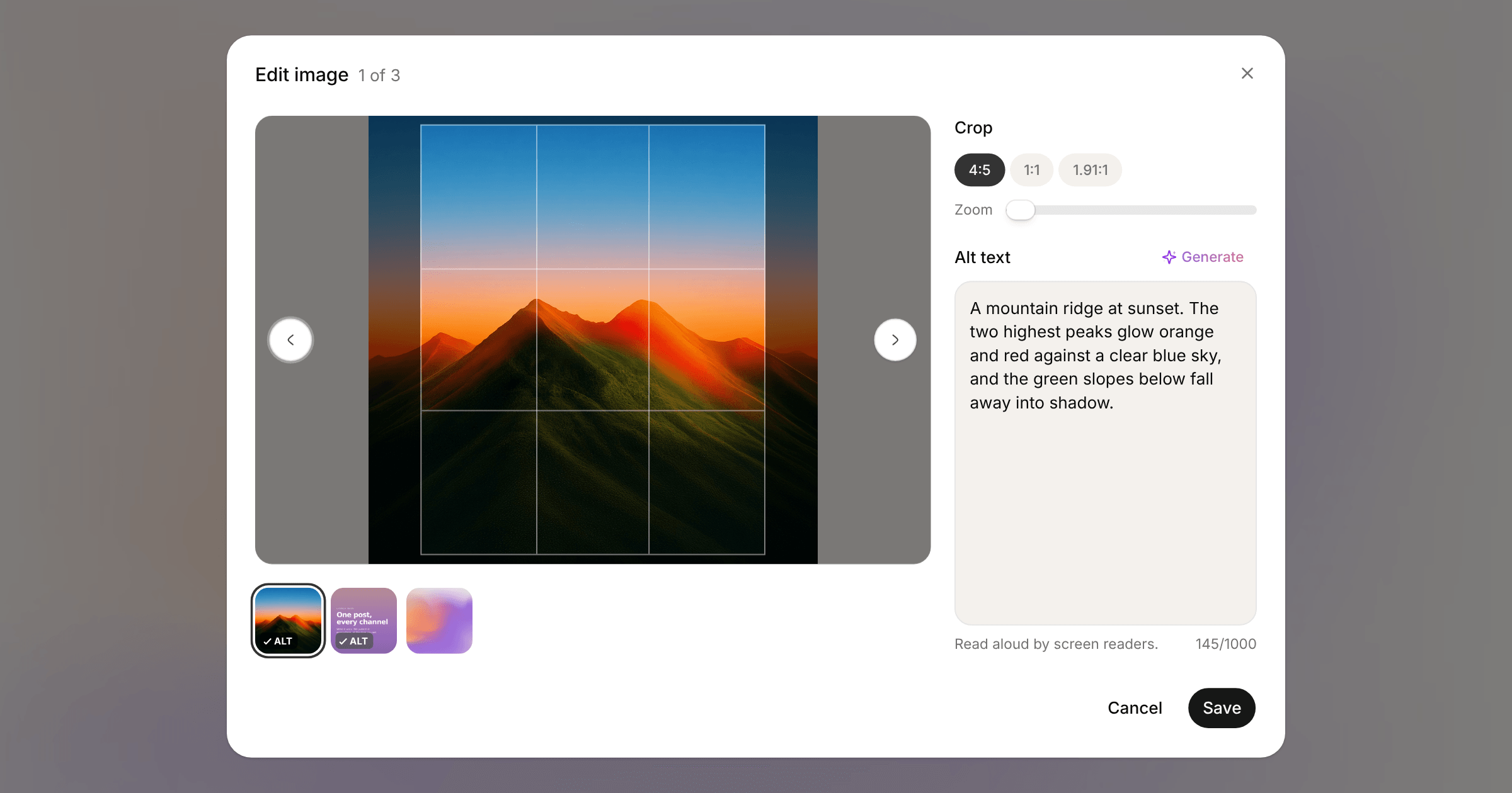 The Edit image dialog on a mountain photo cropped to 4:5, with Instagram's crop shapes, a zoom slider, written alt text with a Generate button, and ALT badges on the described thumbnails