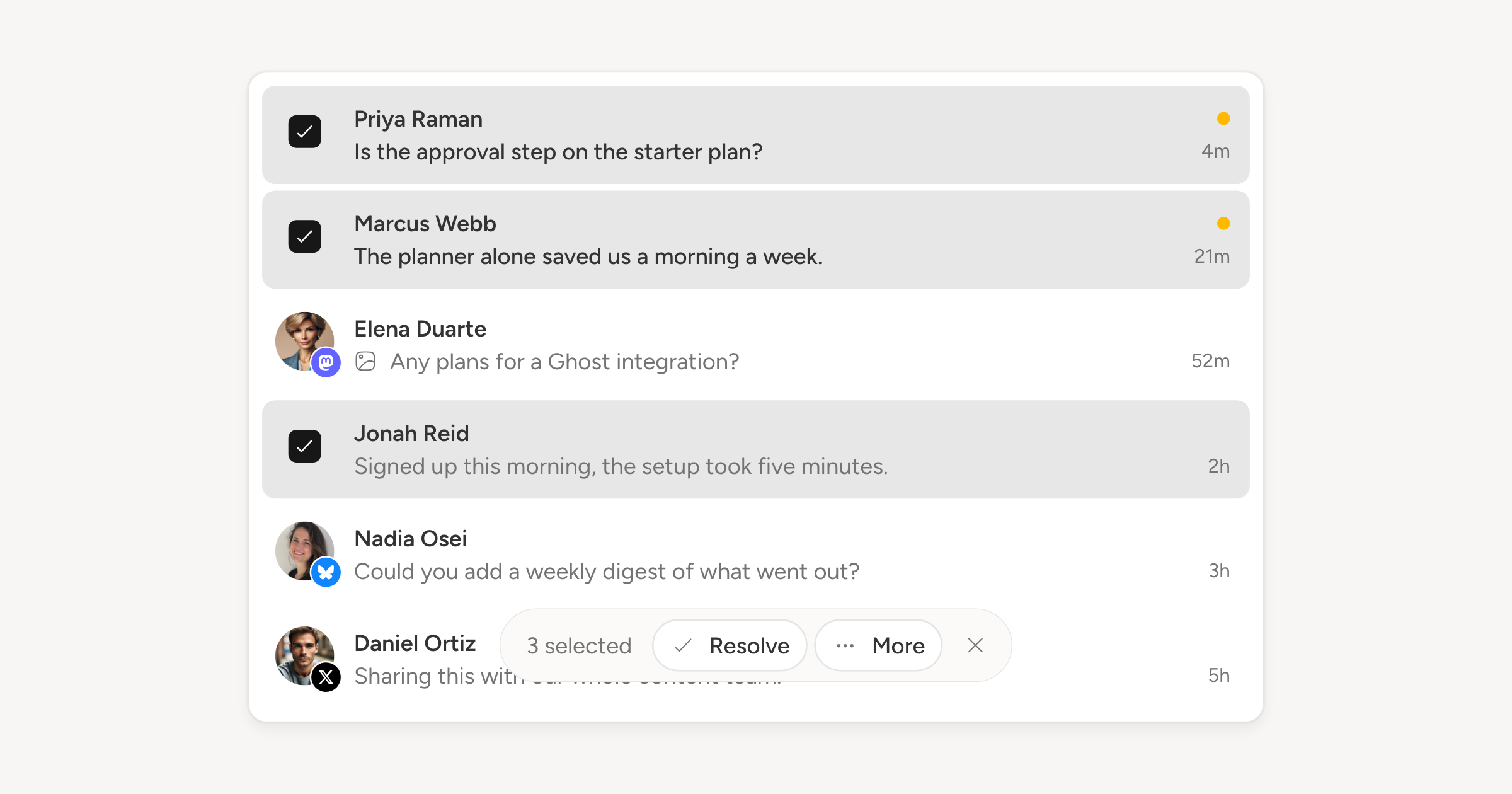 The Inbox conversation list with three replies selected and the bulk actions bar over them