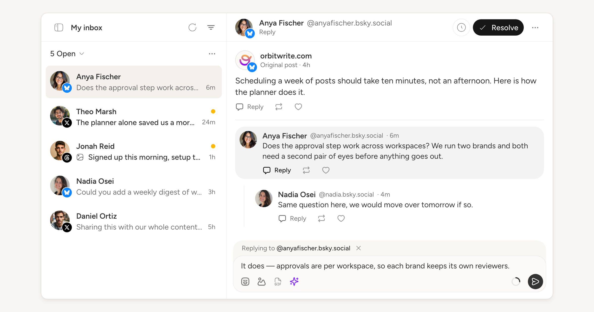 The Inbox: replies from X, Bluesky and Threads in one list, with a thread open beside it and an answer being written