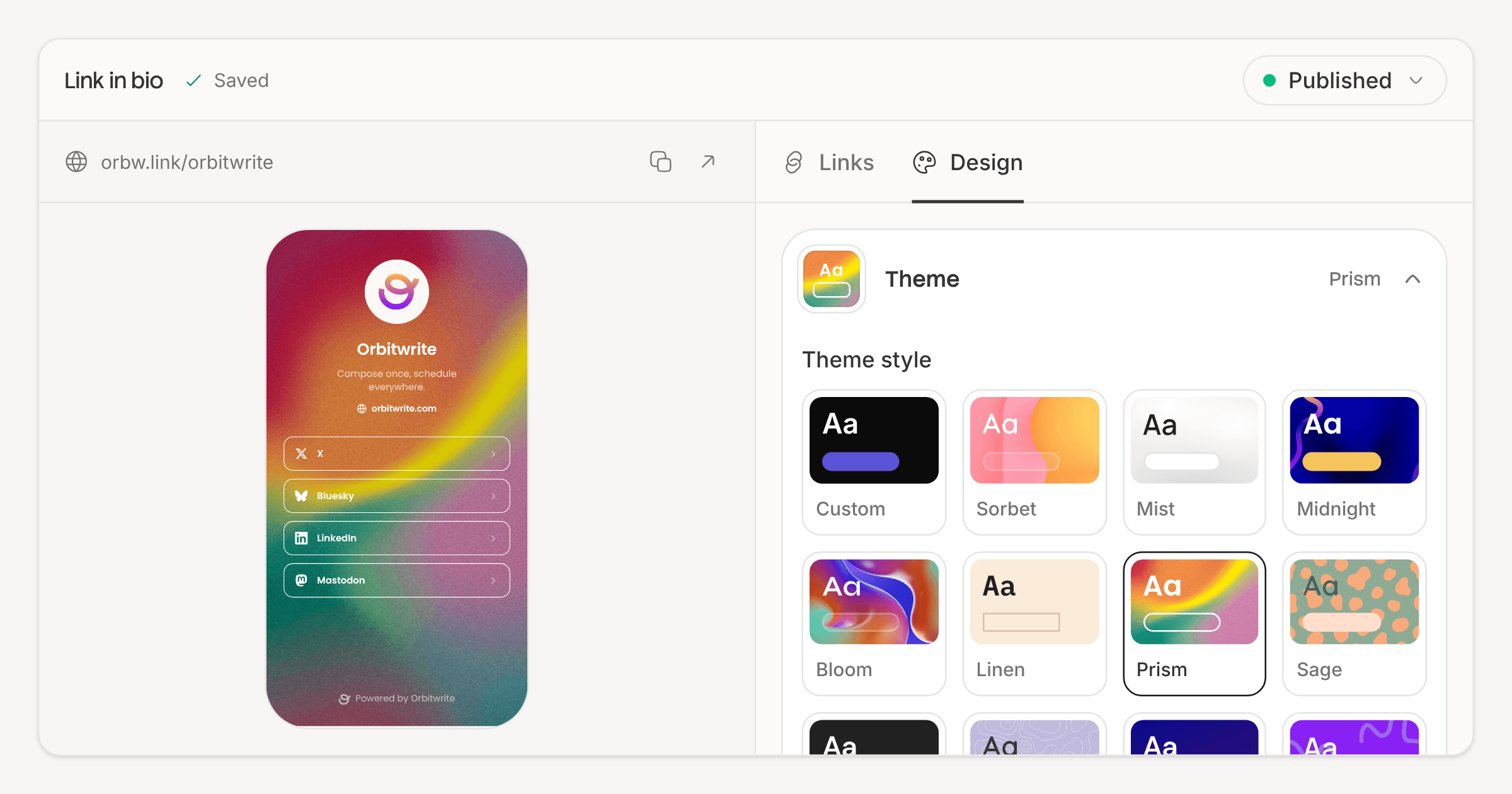 The Link in bio editor: a page on the Prism theme in the phone preview, beside the Design pane with Prism picked from the twelve themes