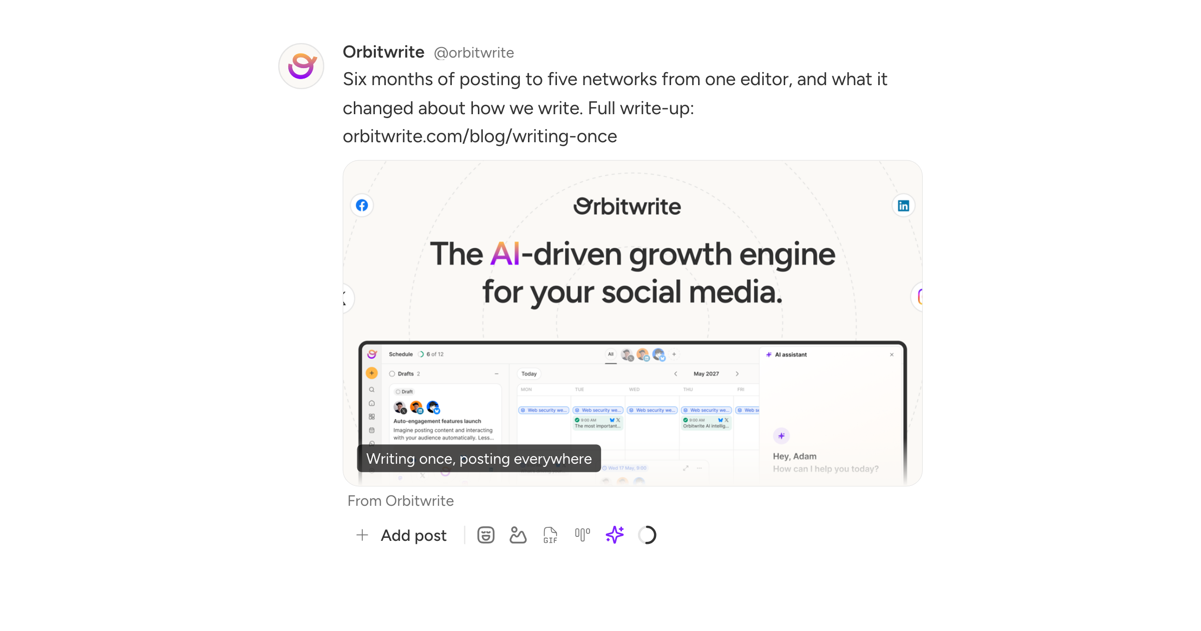 A post with a URL in it, and the link card X will publish with it below