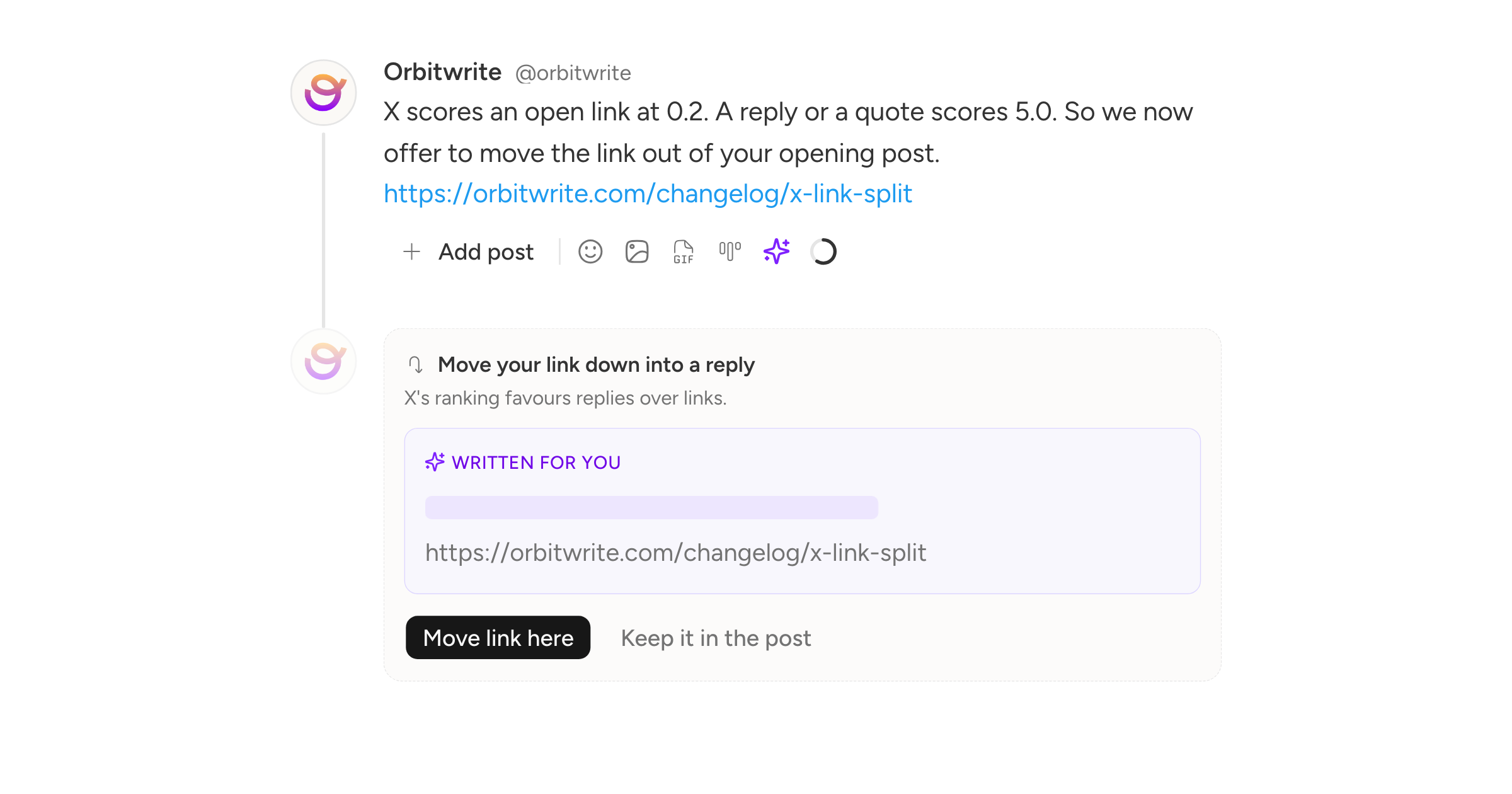 An X post with a link in it, and a ghosted reply below offering to take the link, its suggested text still being written