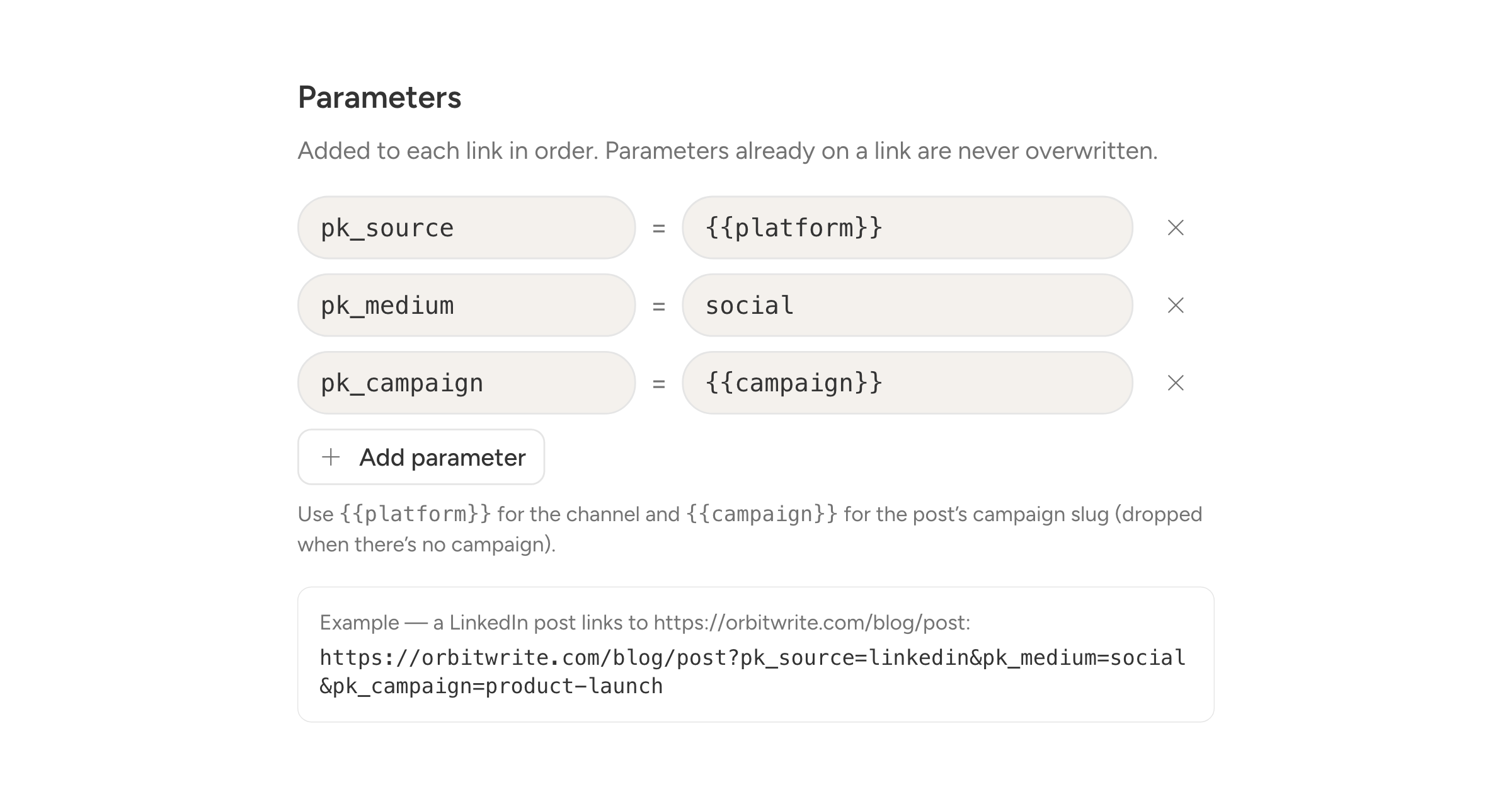 The link tracking parameters in workspace settings, with the example URL a LinkedIn post would get