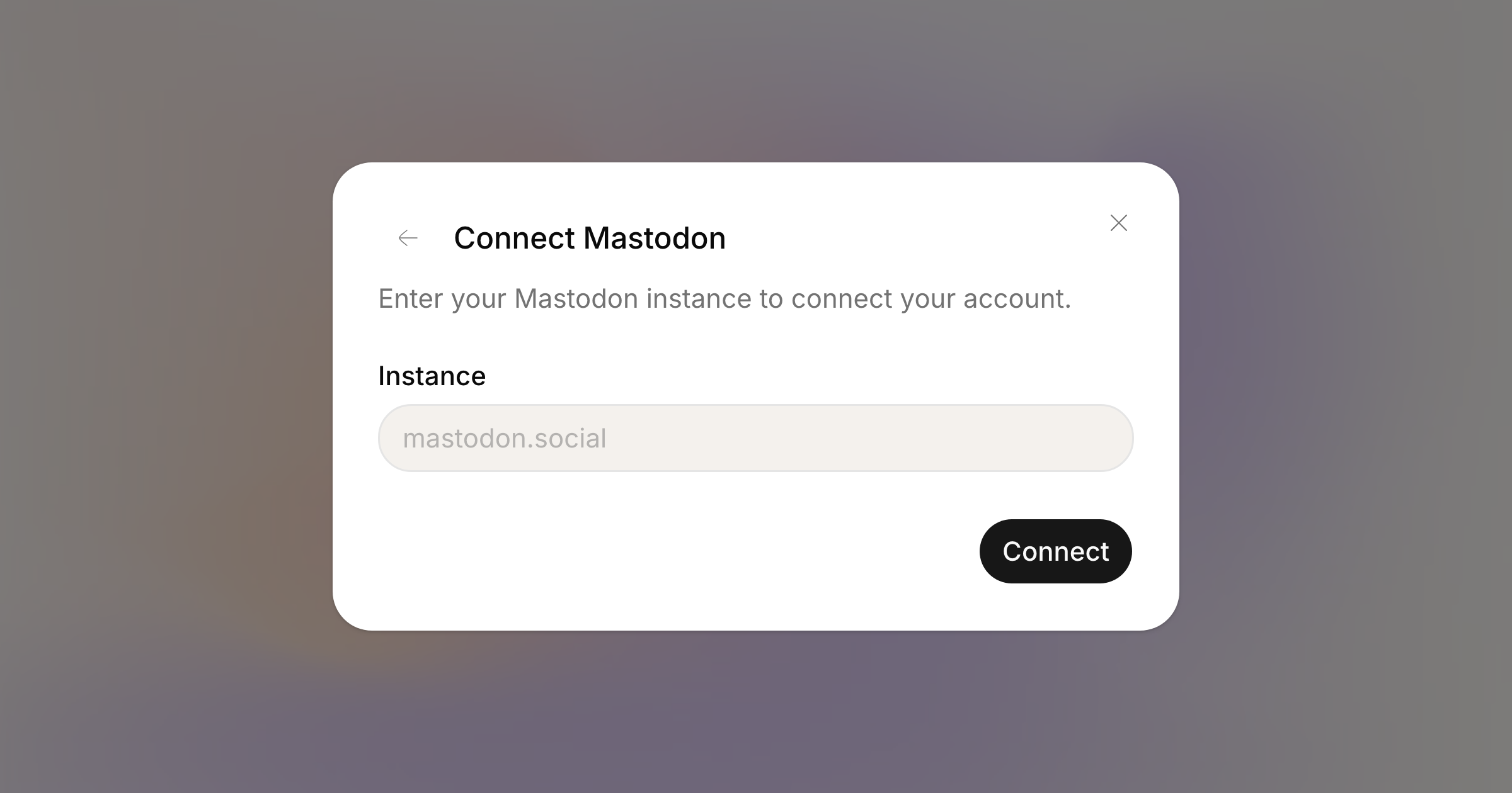 The dialog asking which Mastodon instance the account is on, before handing off to it