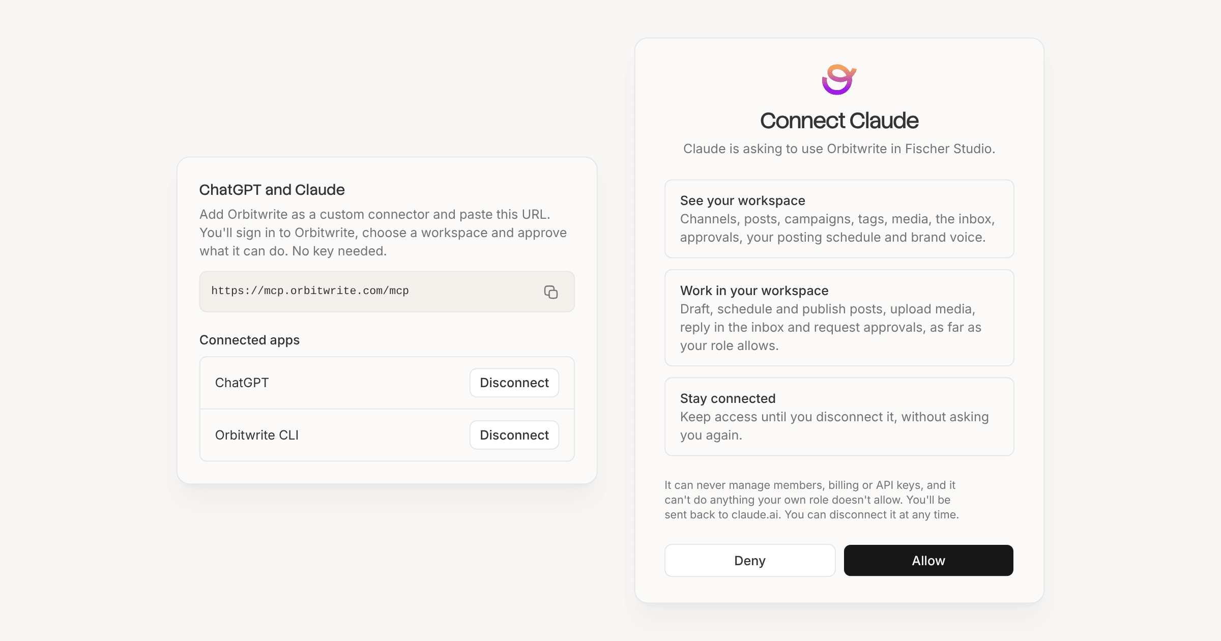 Settings, MCP with the connector URL and ChatGPT and the CLI under Connected apps, beside the Connect Claude consent screen asking to see and work in the workspace, with Deny and Allow