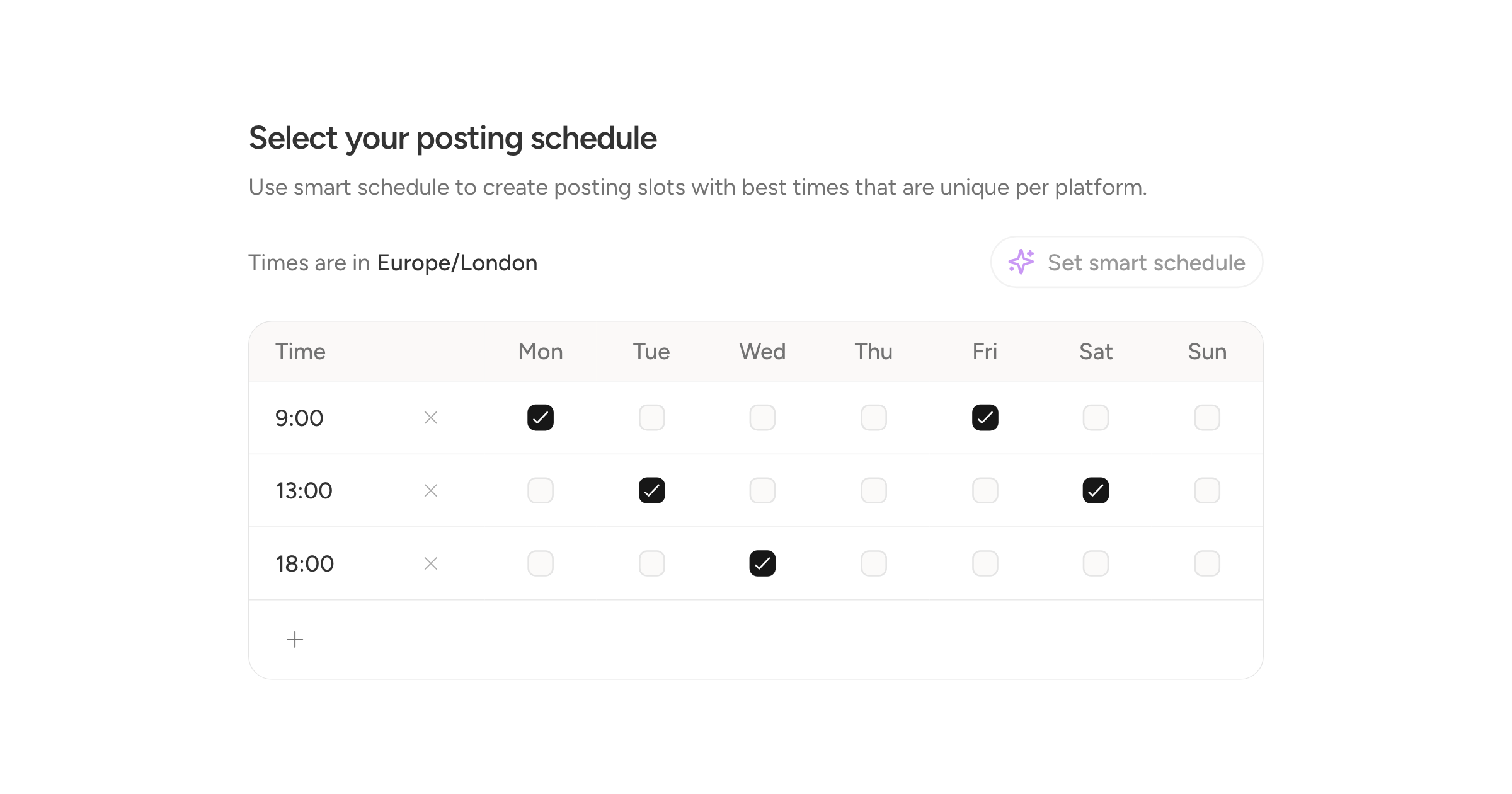 The onboarding schedule step, its grid of posting times filled in by Set smart schedule