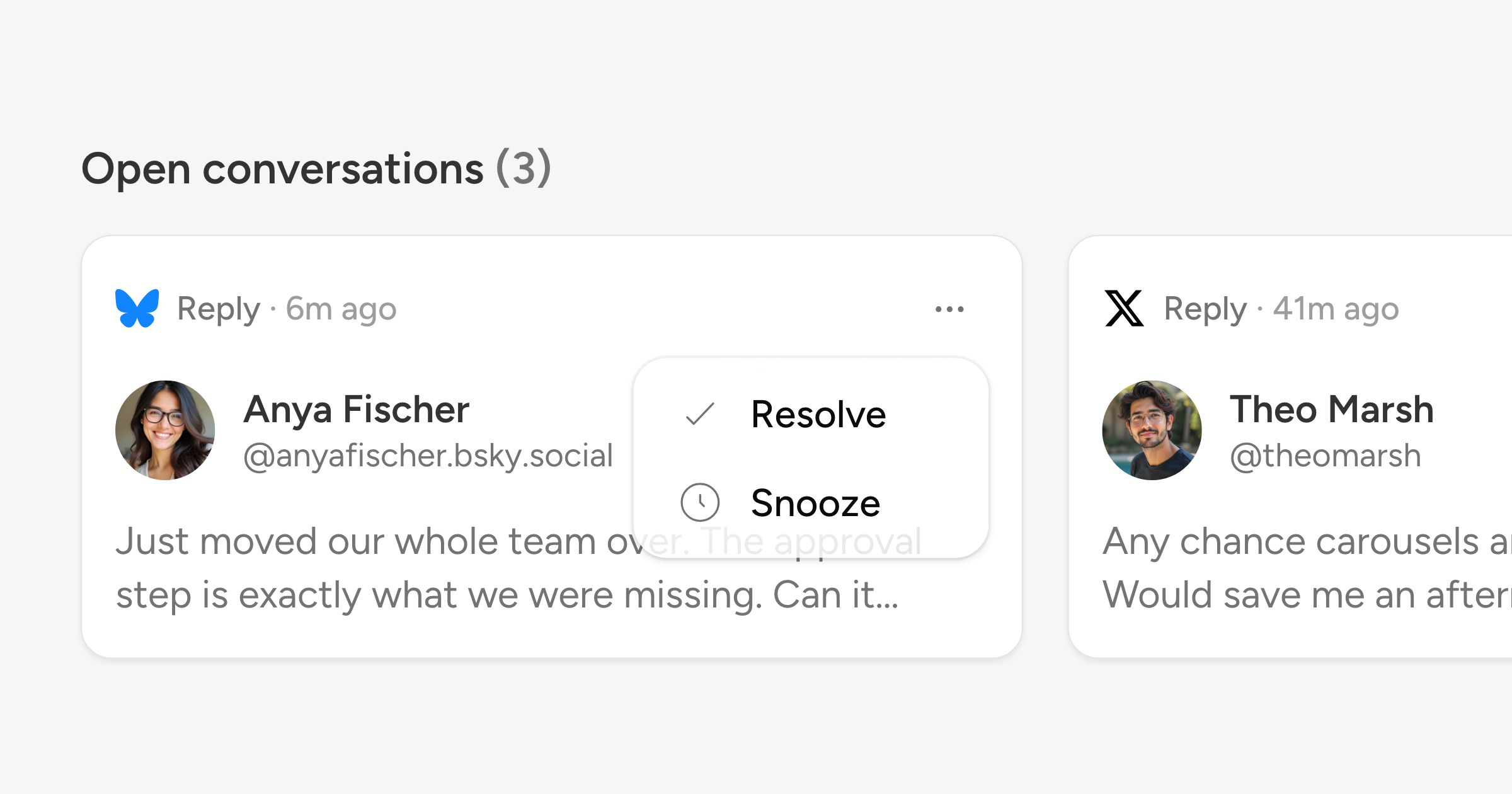 The Open conversations rail on the dashboard, with two replies waiting