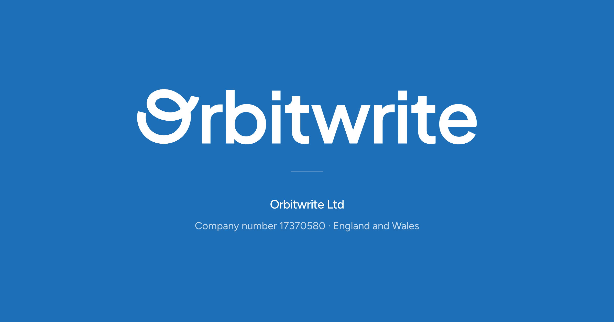 The Orbitwrite wordmark in white on GOV.UK blue, above the company's number on the register
