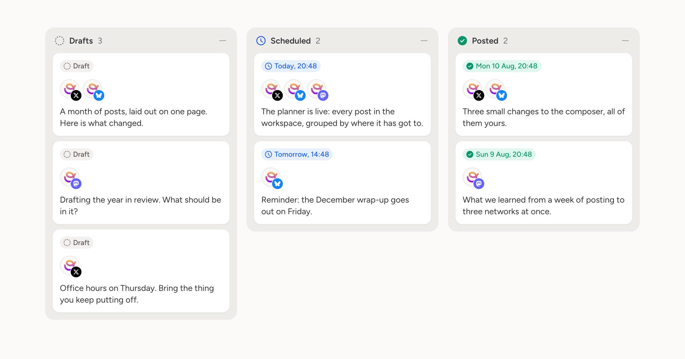 The planner board: a column for drafts, one for scheduled posts and one for what has gone out