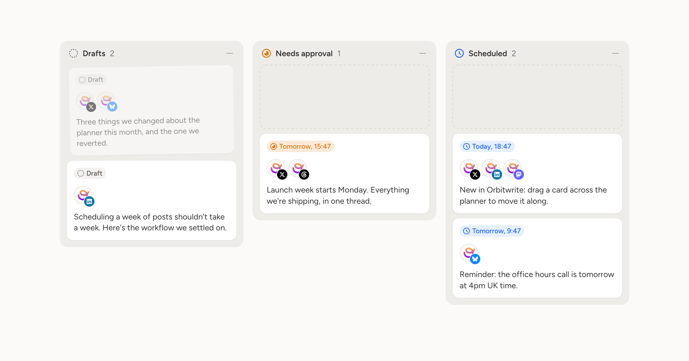 Three planner columns mid-drag, with a draft dimmed in Drafts and the drop outline showing in Needs approval and Scheduled