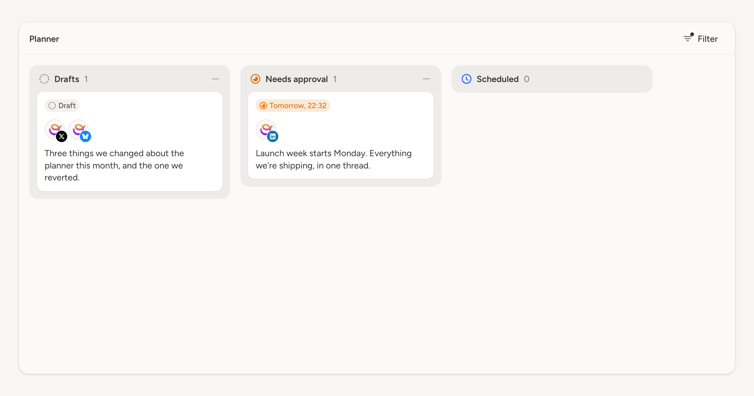 The planner mid-filter: the Filter button carrying its active dot, and the columns holding only what matched — Scheduled left empty