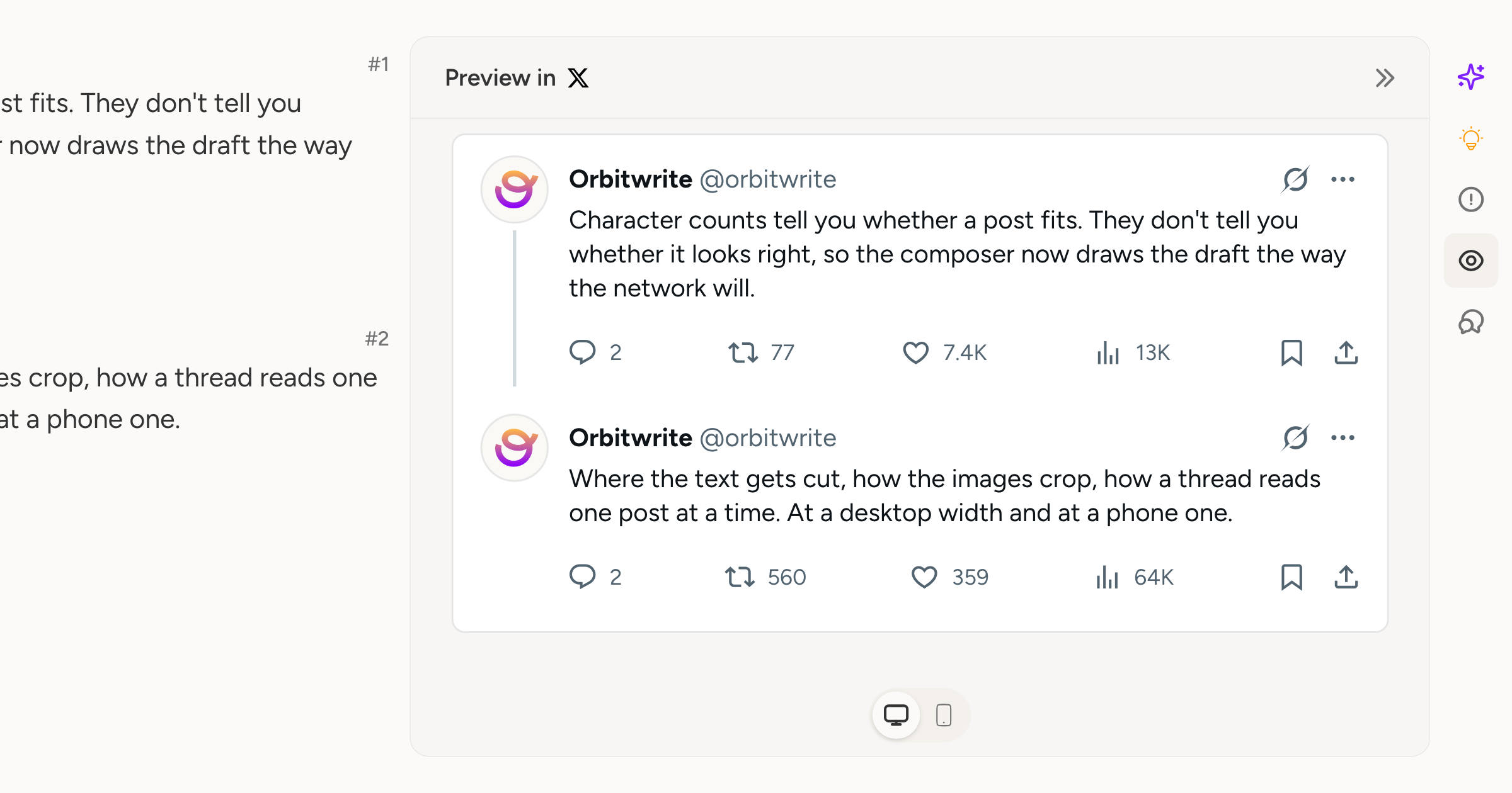 The composer's preview panel open on an X draft, with the desktop and mobile switch and the sidebar it was opened from, the editor column running off the left