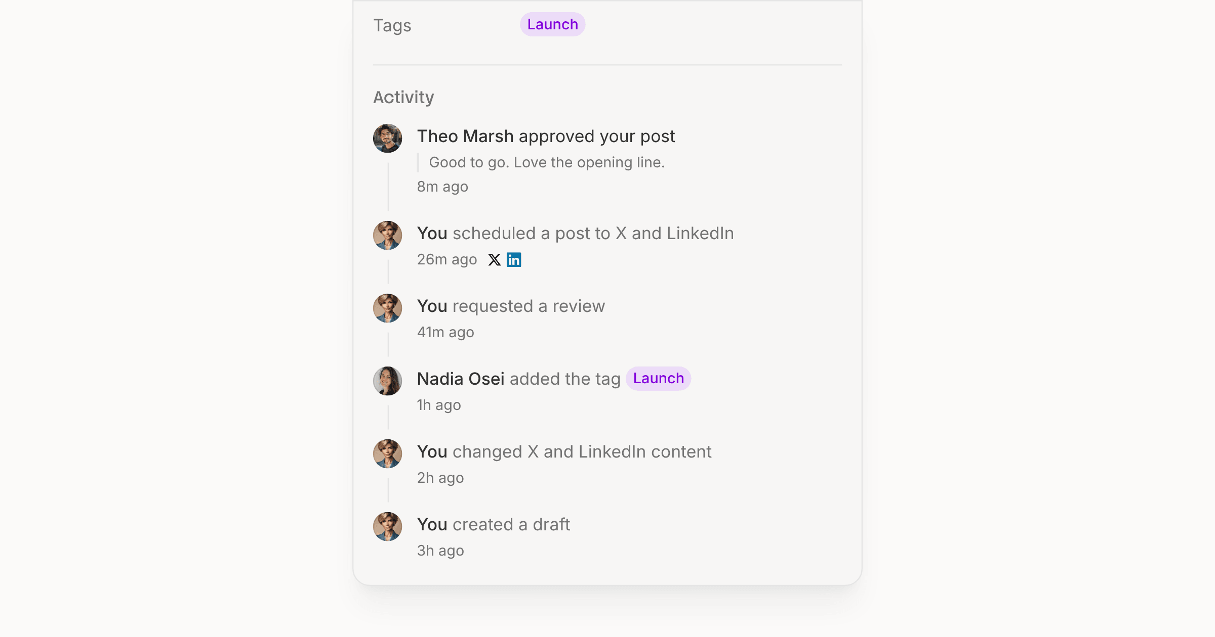 The Activity section of a post's Info panel: created a draft, changed X and LinkedIn content, added the Launch tag, requested a review, scheduled to X and LinkedIn, and approved, each with an avatar and a relative time
