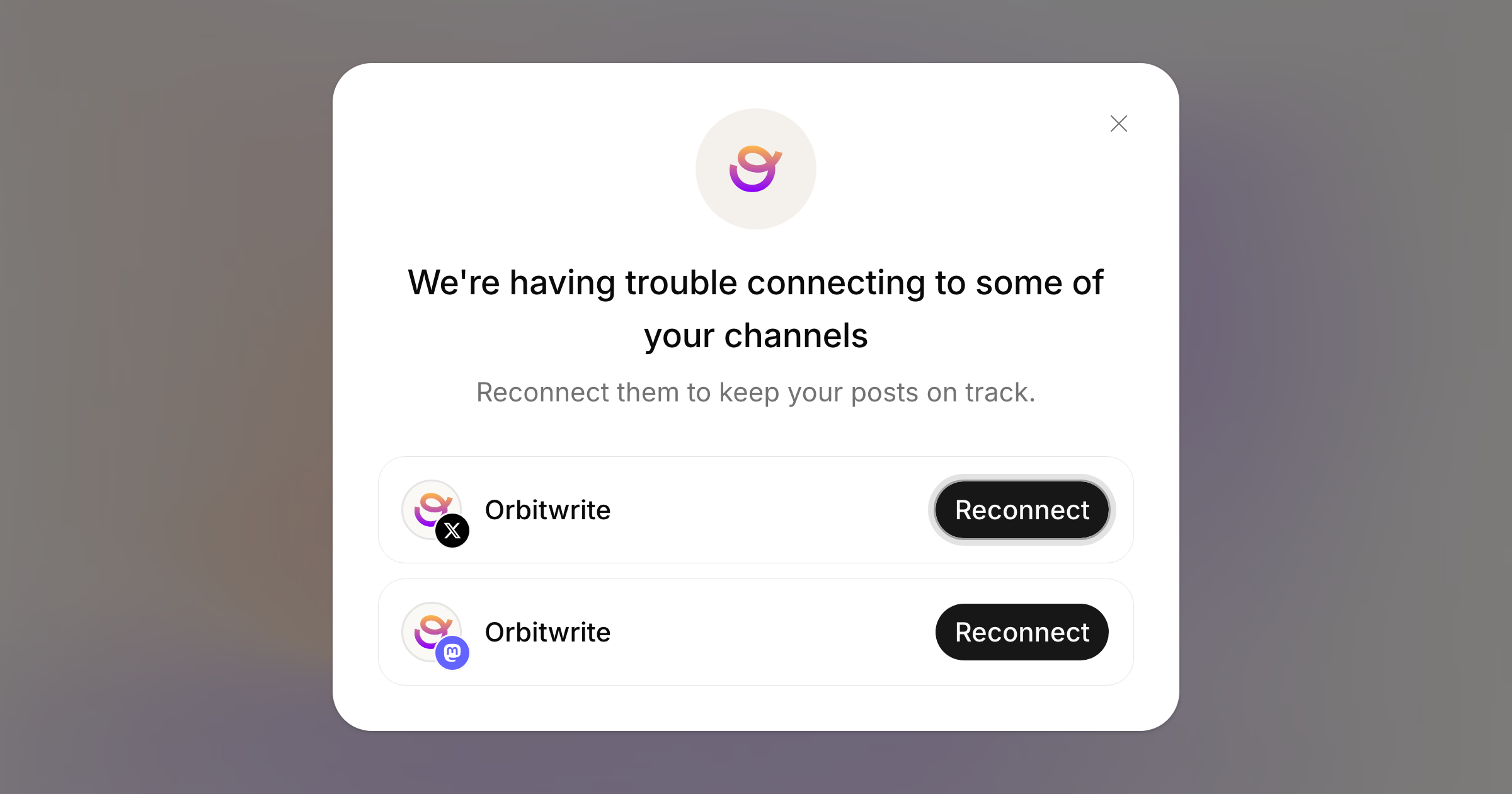 The dialog listing two channels that have lost their connection, with a Reconnect button on each