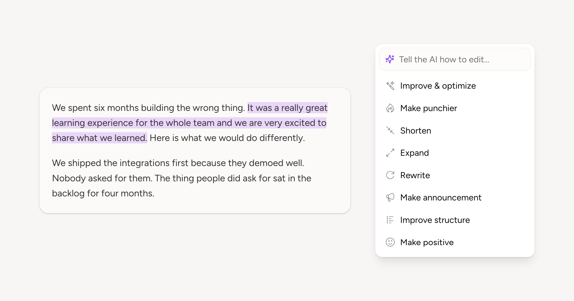 A draft with one sentence selected and the refine palette open under it, listing the edits it offers
