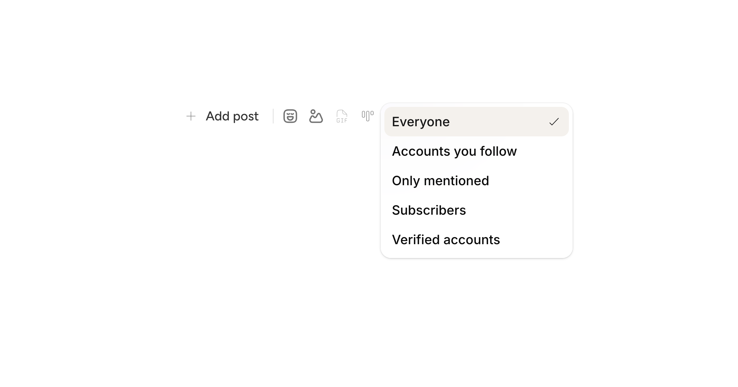 The composer toolbar on an X post with the audience dropdown open, listing who can reply