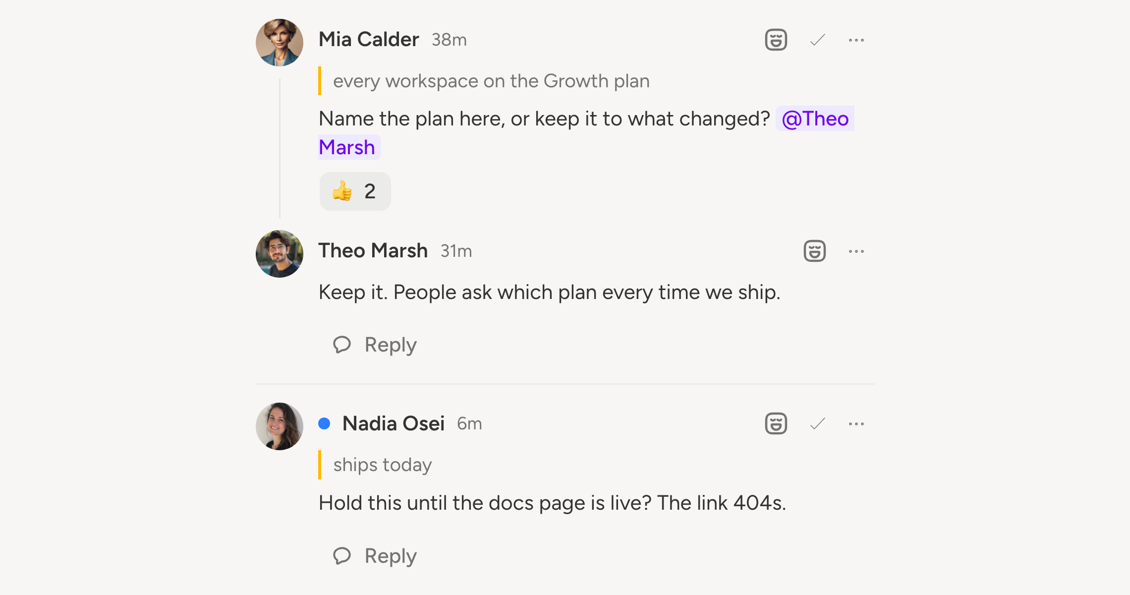 Two comment threads in the composer's review panel, one answered and reacted to, one still open
