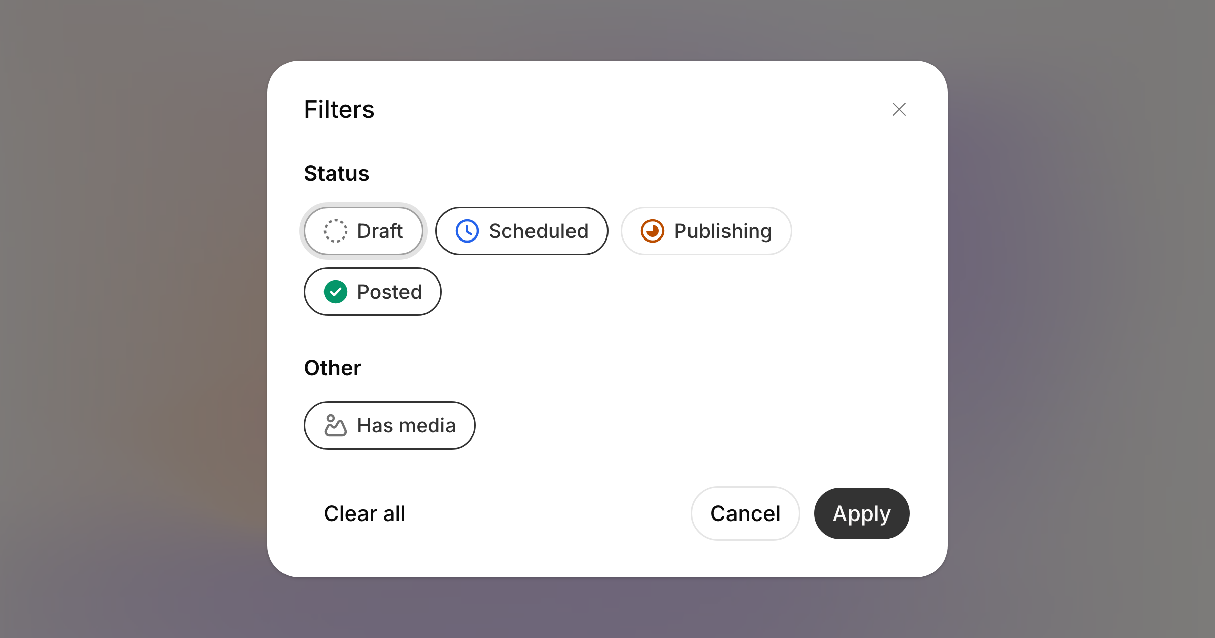 The schedule's filter panel: Scheduled and Posted picked from the status chips, and Has media on