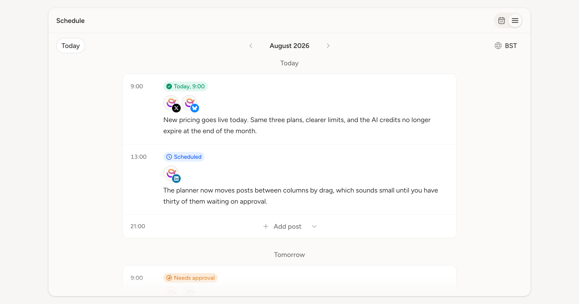 The schedule in list view: a day's card with a published post, a scheduled one and one waiting on approval, the empty slots below still offering Add post, and the Calendar/List switcher above