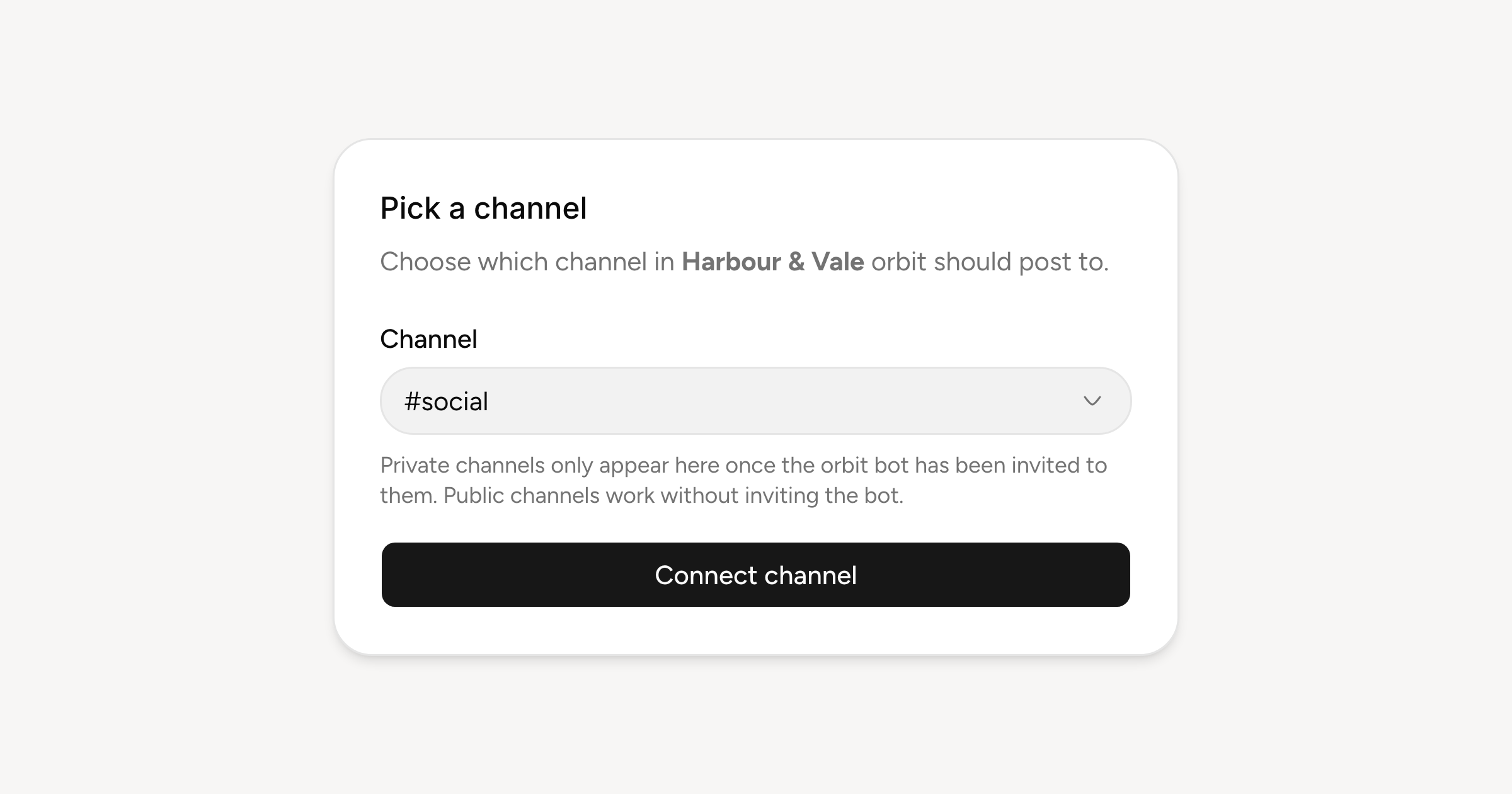 The Slack connect step: choosing which channel Orbitwrite posts to, with #social picked