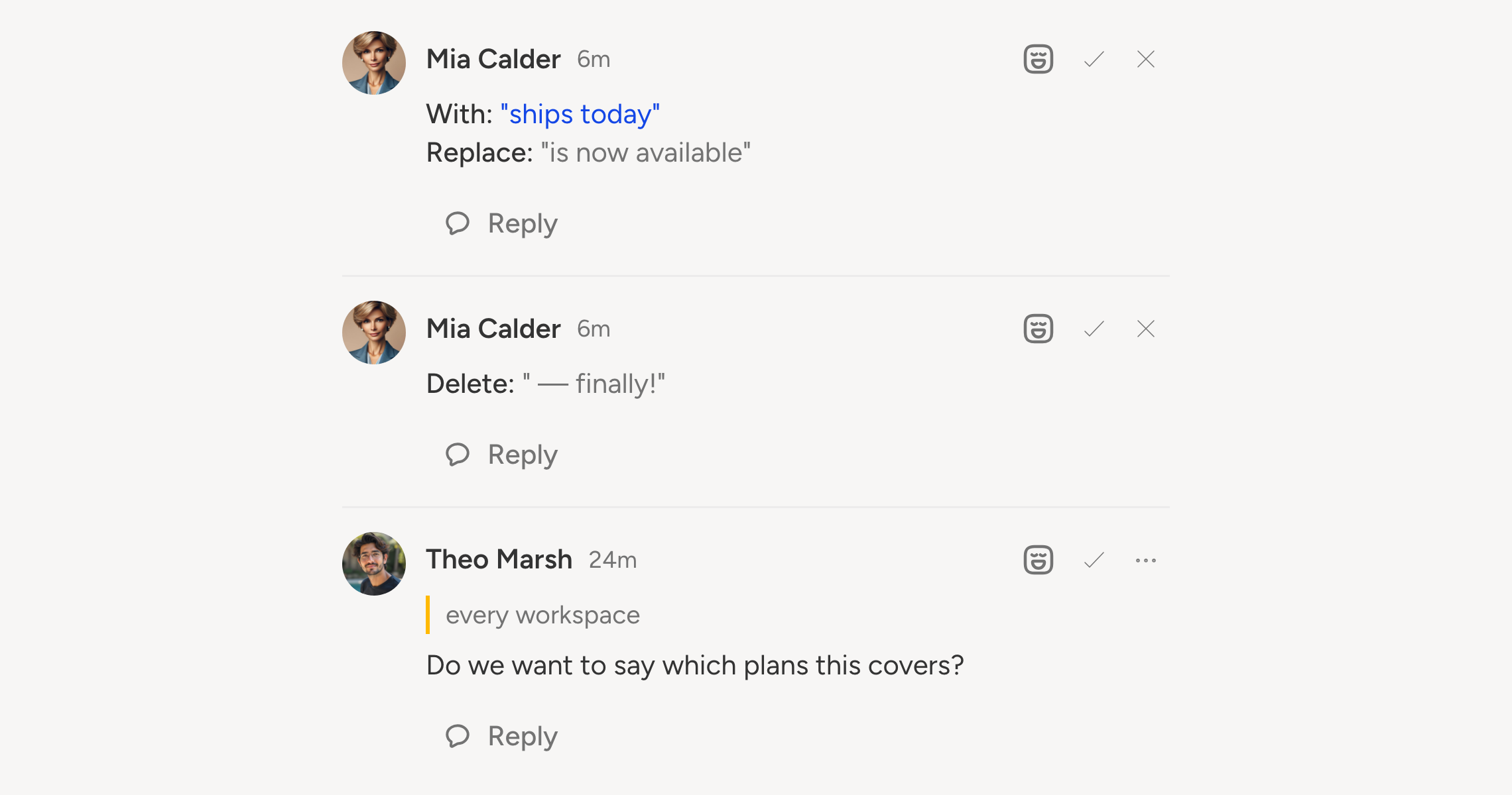 The composer's review panel with two pending suggestions, each with an accept and a reject, and a comment below them