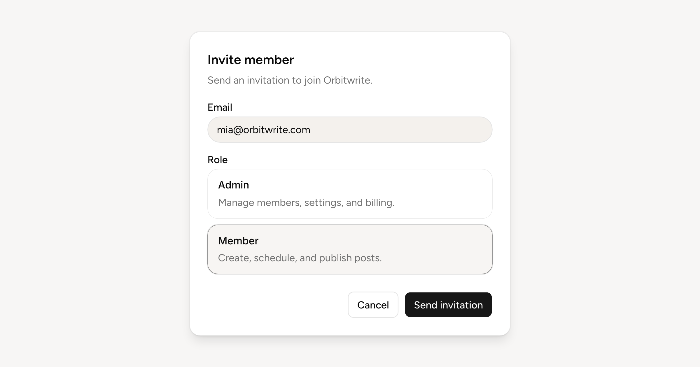 The invite form with an email typed in and the member role picked, next to admin