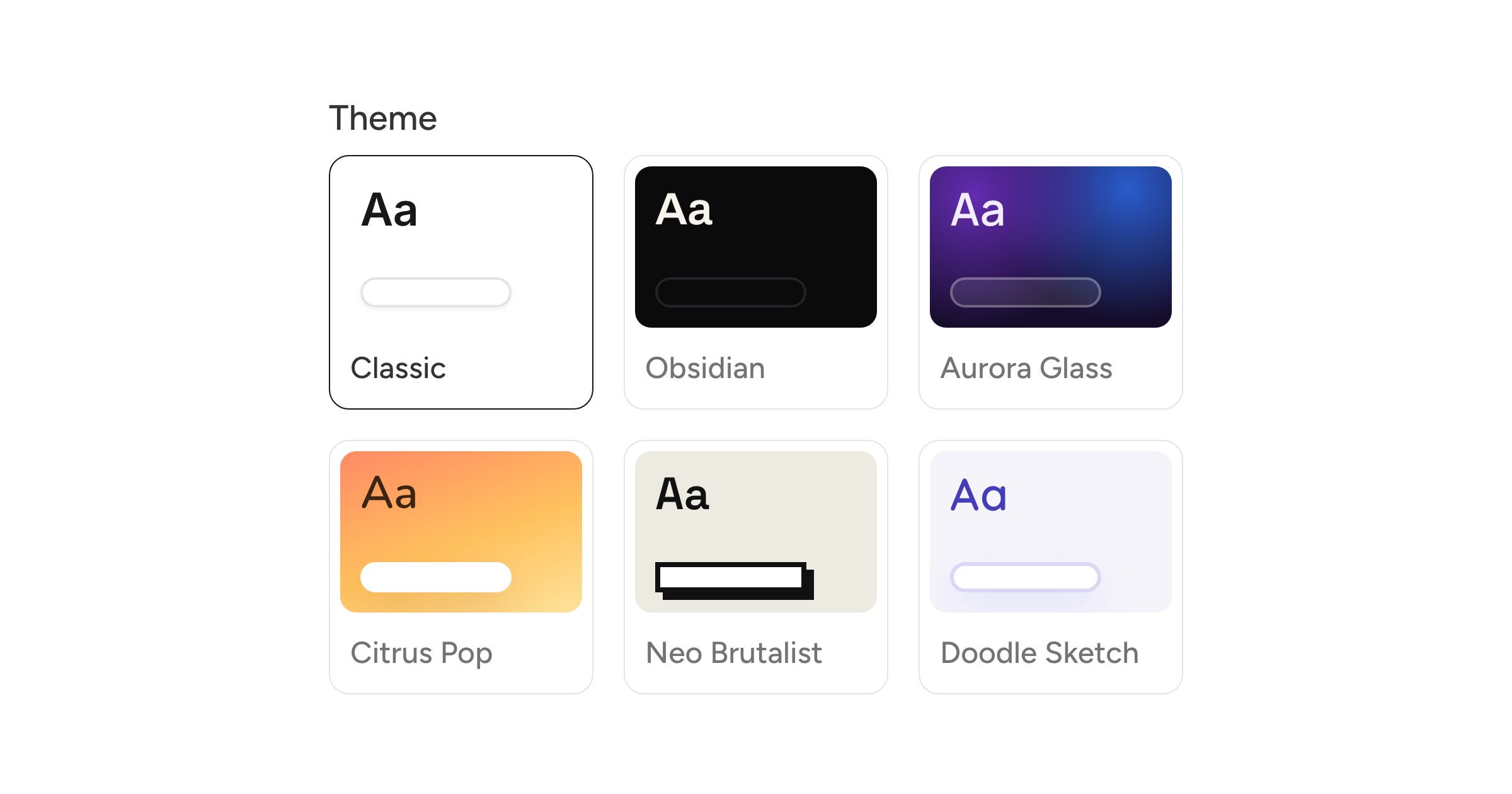 The link in bio theme picker, showing all six themes